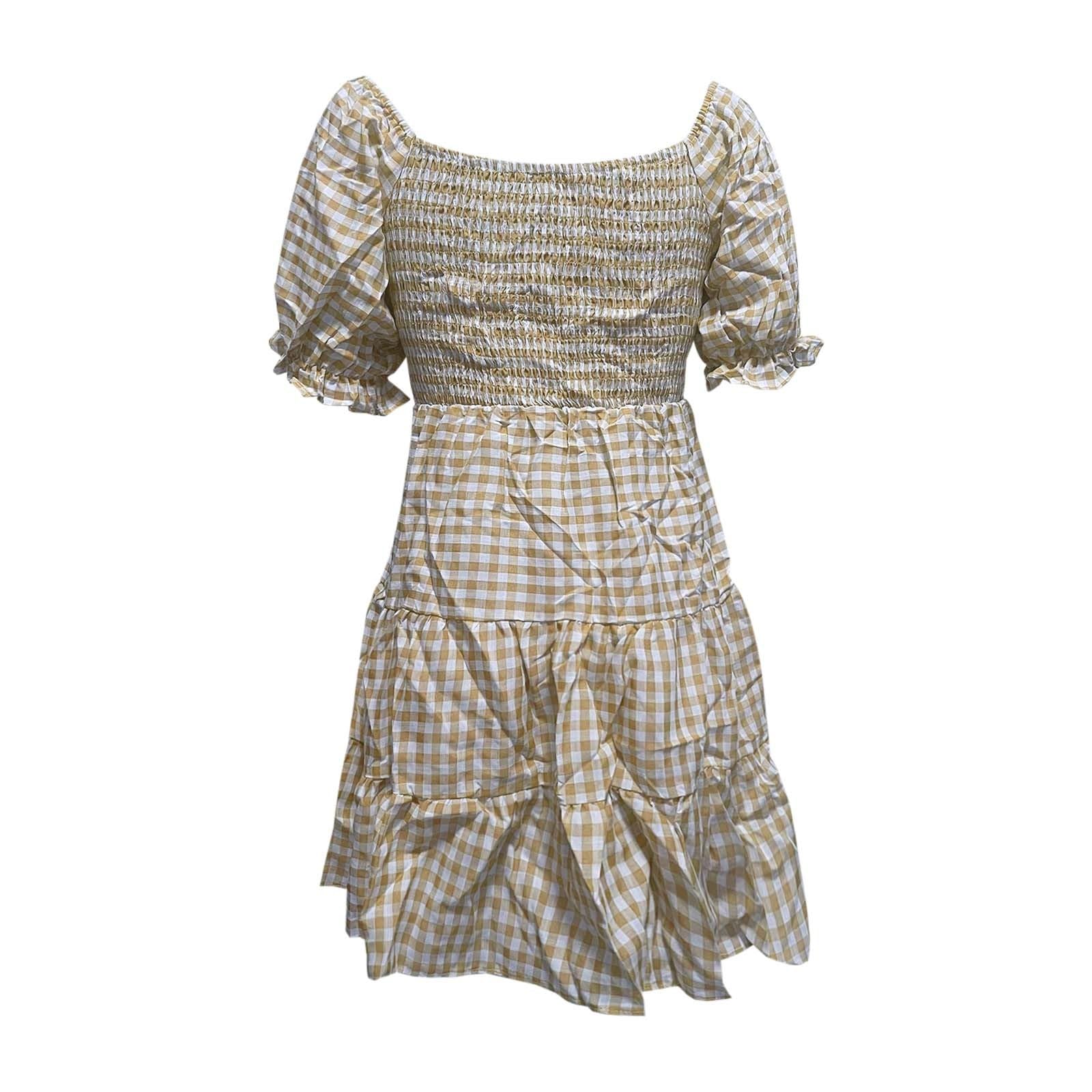 2025 New Women's Plaid High Waist A Line Dress with Square Neck and Short Sleeves Mock Neck Midi Dresses for (Beige, L)