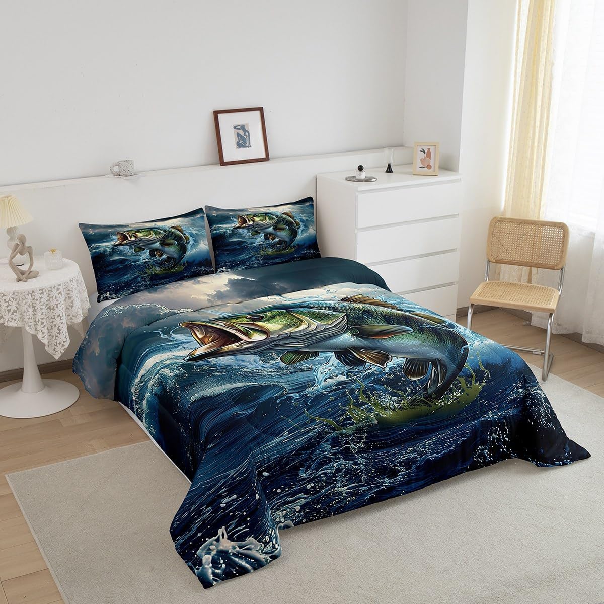 Feelyou Pike Fish Bedding Set Twin Size Bass Big Fish Comforter Set for Kids Boys Girls Decor Fishing and Hunting Comforter Ocean Theme Duvet Set with 1 Pillow Case - Image 2