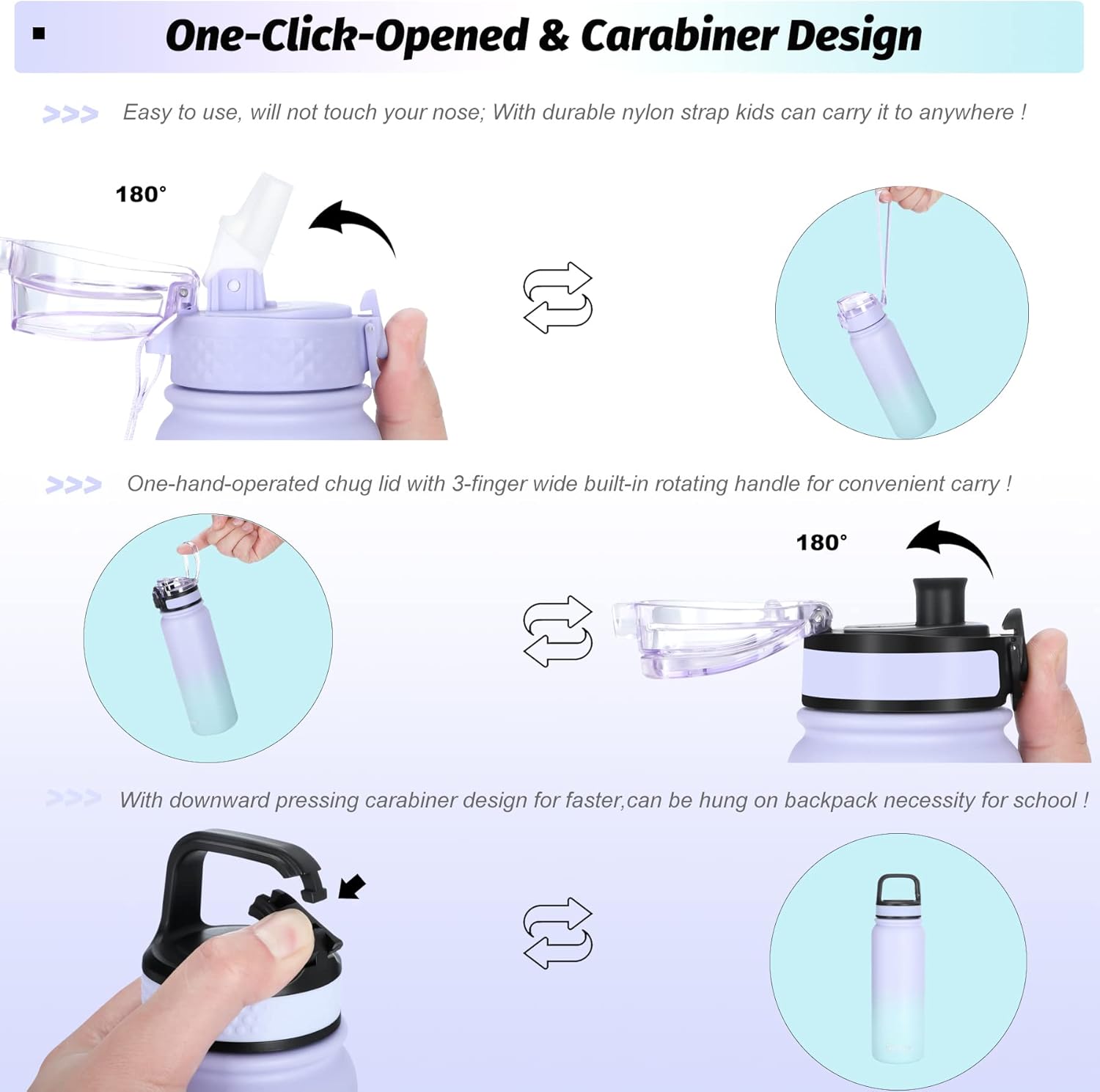 Oldley Insulated Water Bottle with Straw 20oz Stainless Steel Water Bottles with 3 lids Double-Wall Vacuum Thermal for Kids Adults School Sports,Ombre Purple-Blue - Image 3