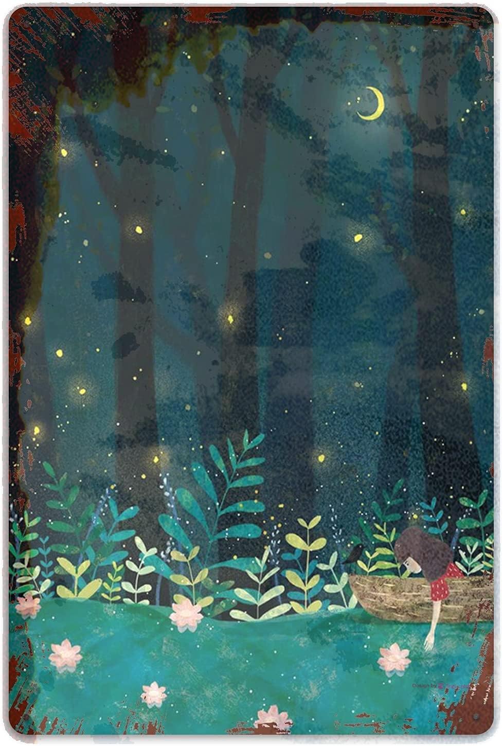 Tin Sign Metal S Girl Boa G Firefly Night Cartoon River Bank Pinnatisect Leaves Lightning Bug Floa G Forest Wall Iron Pain G Wall Decor Retro Plaques Poster Hanging Decoration Vintage Sign