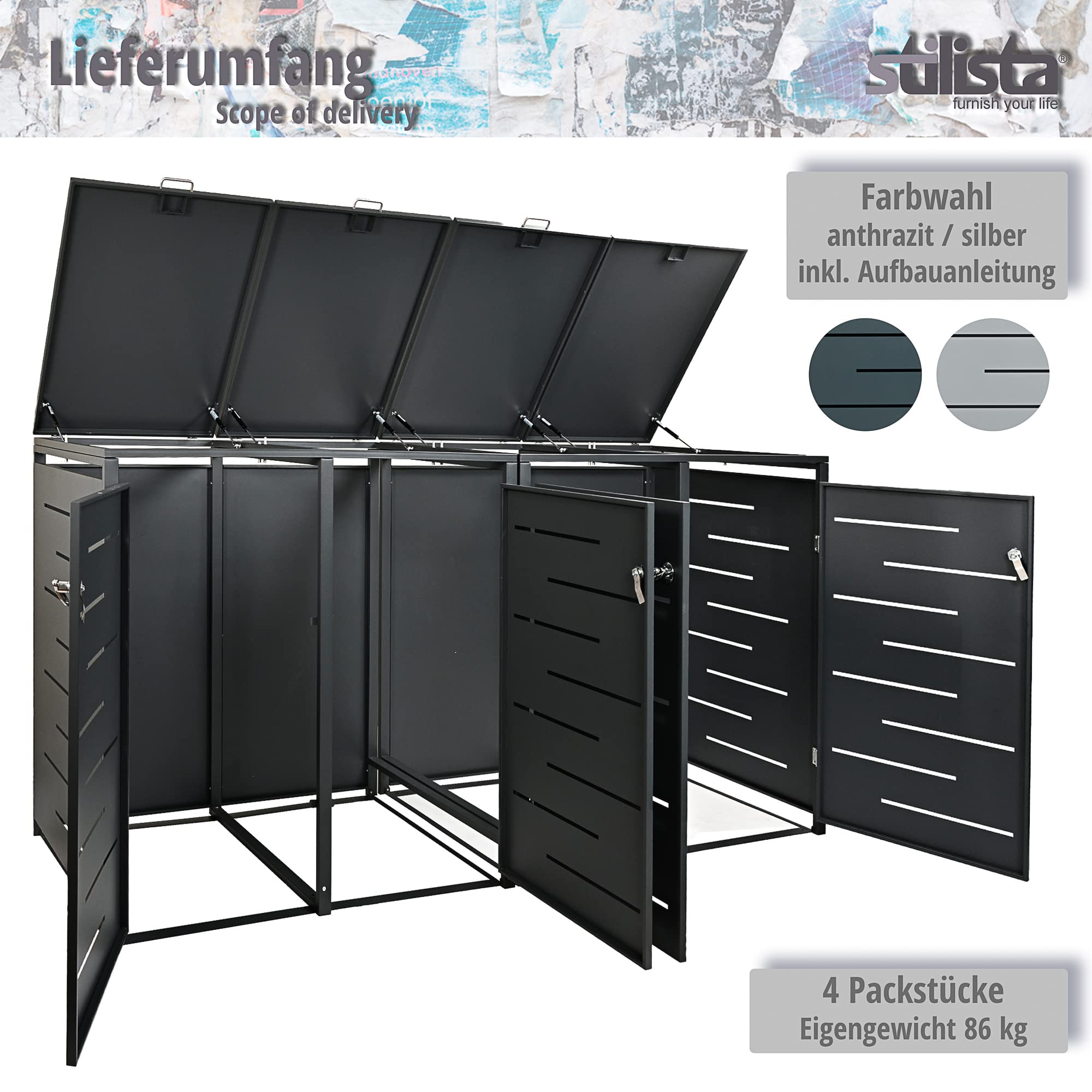 Nexos Mülltonnenverkleidung 4 Türen Silber Metall 265x80x116cm 240L Tonnen
