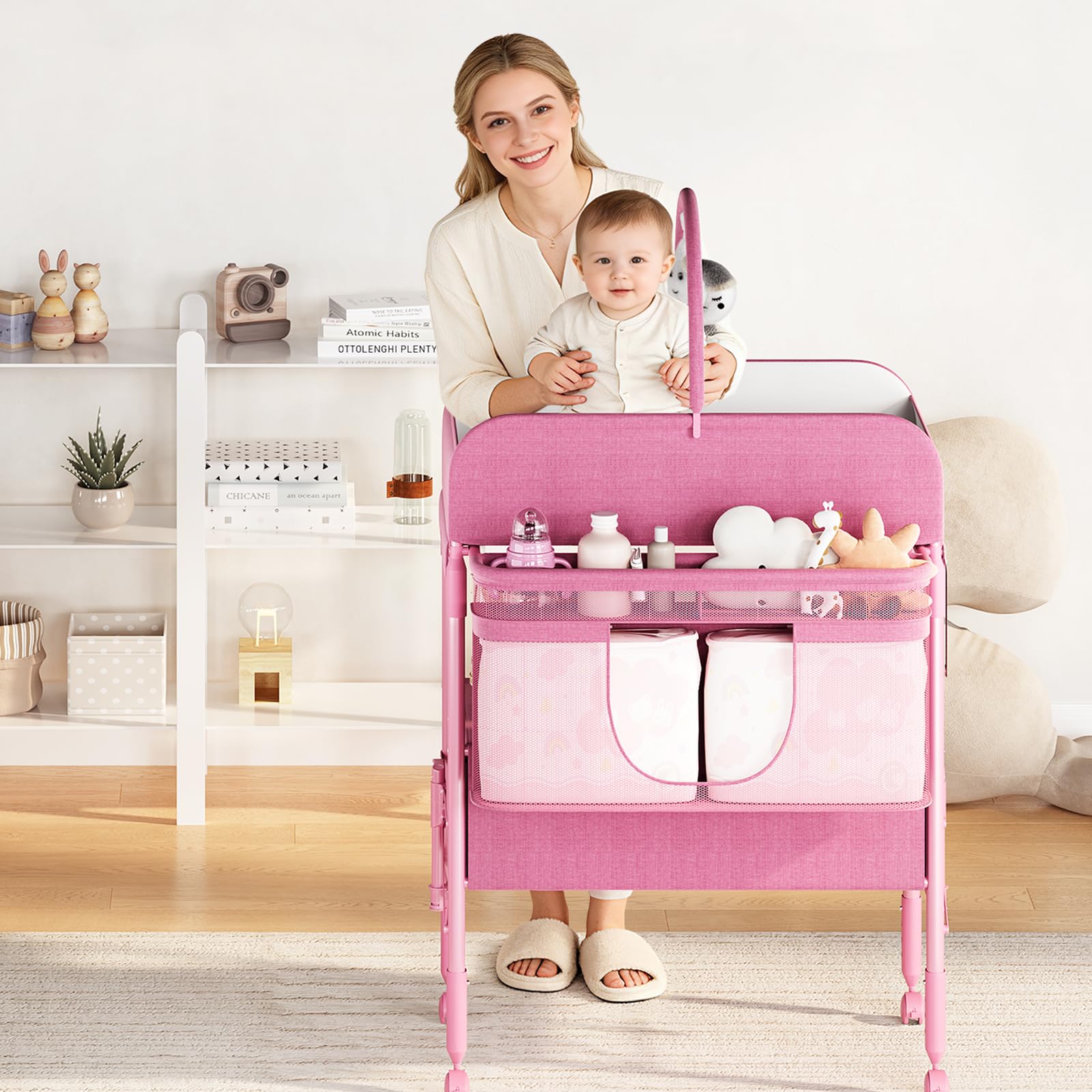 Cambiador portátil y plegable, estación cambiador plegable portátil, altura ajustable, colchón impermeable, cajones de almacenamiento para recién nacidos y bebés, rosa