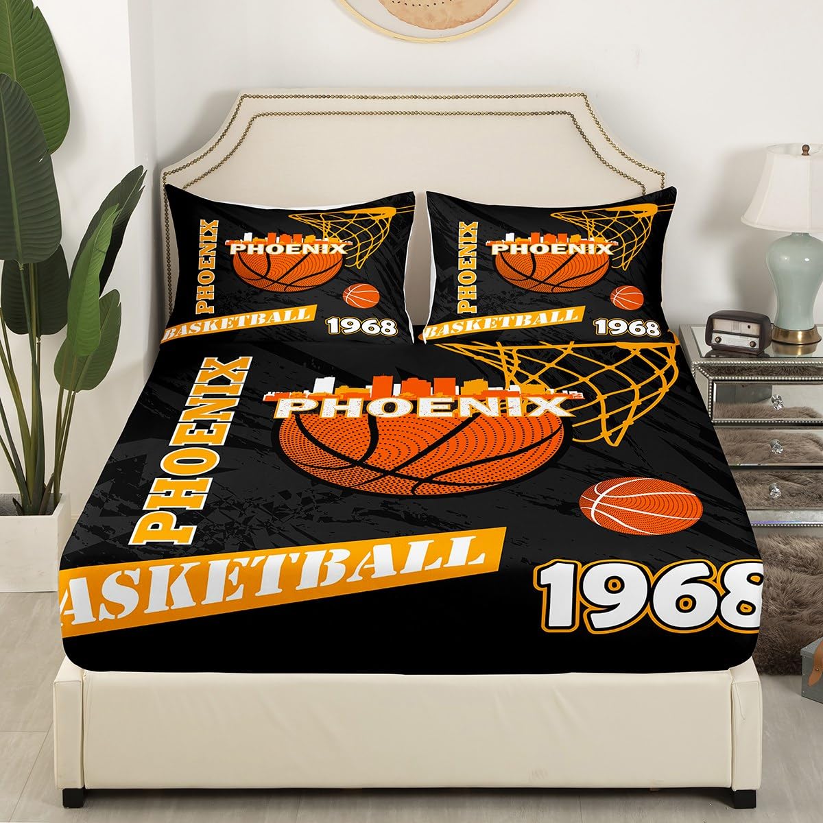 Parure de lit double motif sport orange et noir pour chambre d'ado