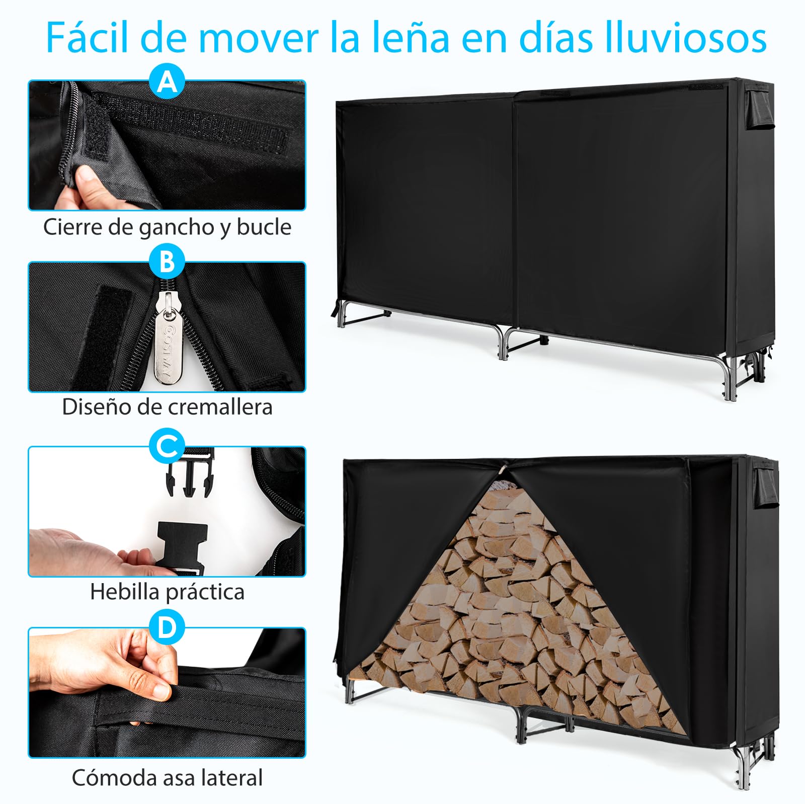 GYMAX Estantería para Leña para Chimenea con Cubierta Resistente a la Intemperie, Estable Estantería para Leña con Patas Antideslizantes, para Interior y Exterior, Color Negro (Longitud 240 cm)