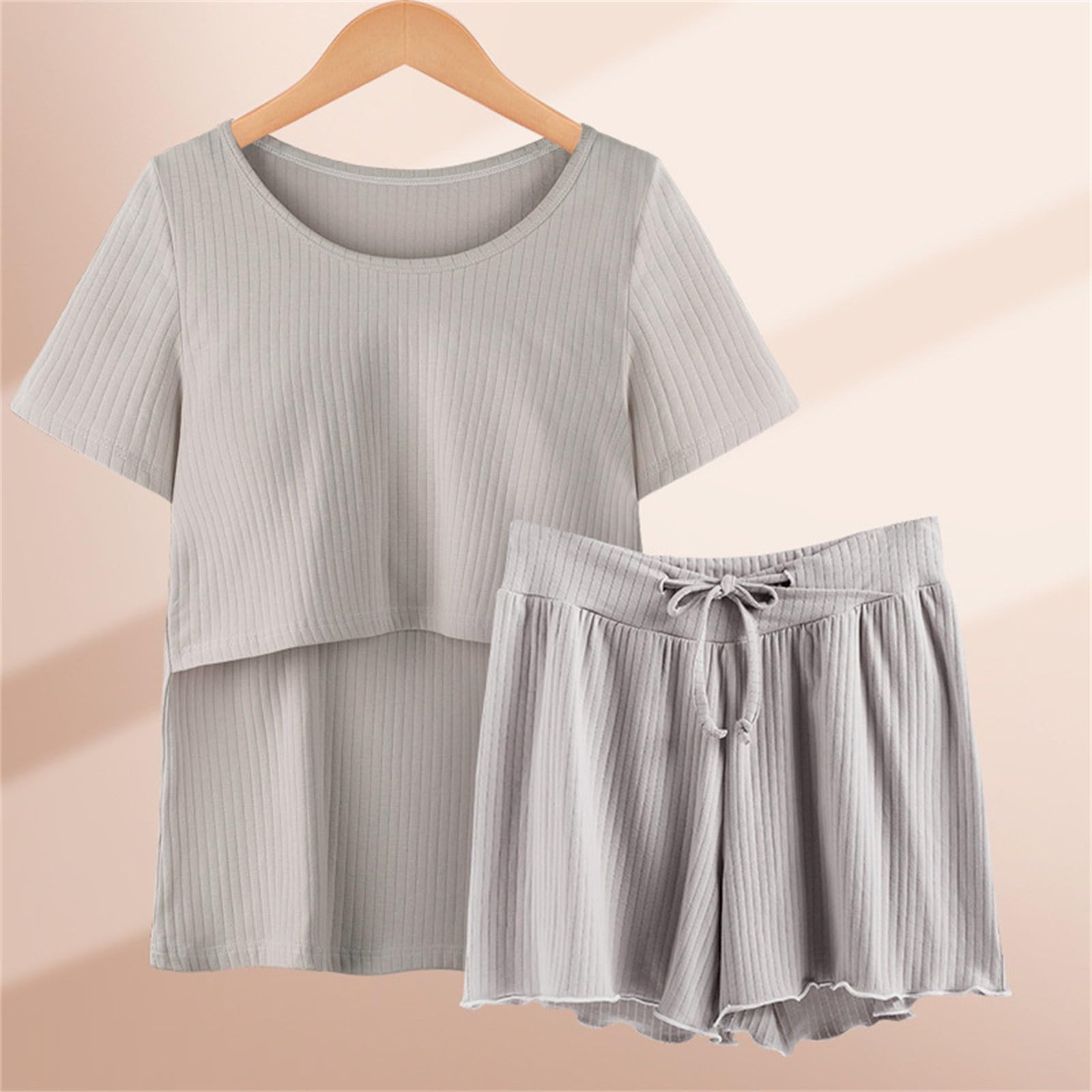 Pijamas Manga Ropa de Dormir de Lactancia Mujer Camisa y Conjunto T Bebé Maternidad Tops Pantalones Cortos Maternidad Dormir Pijama Caliente Embarazada