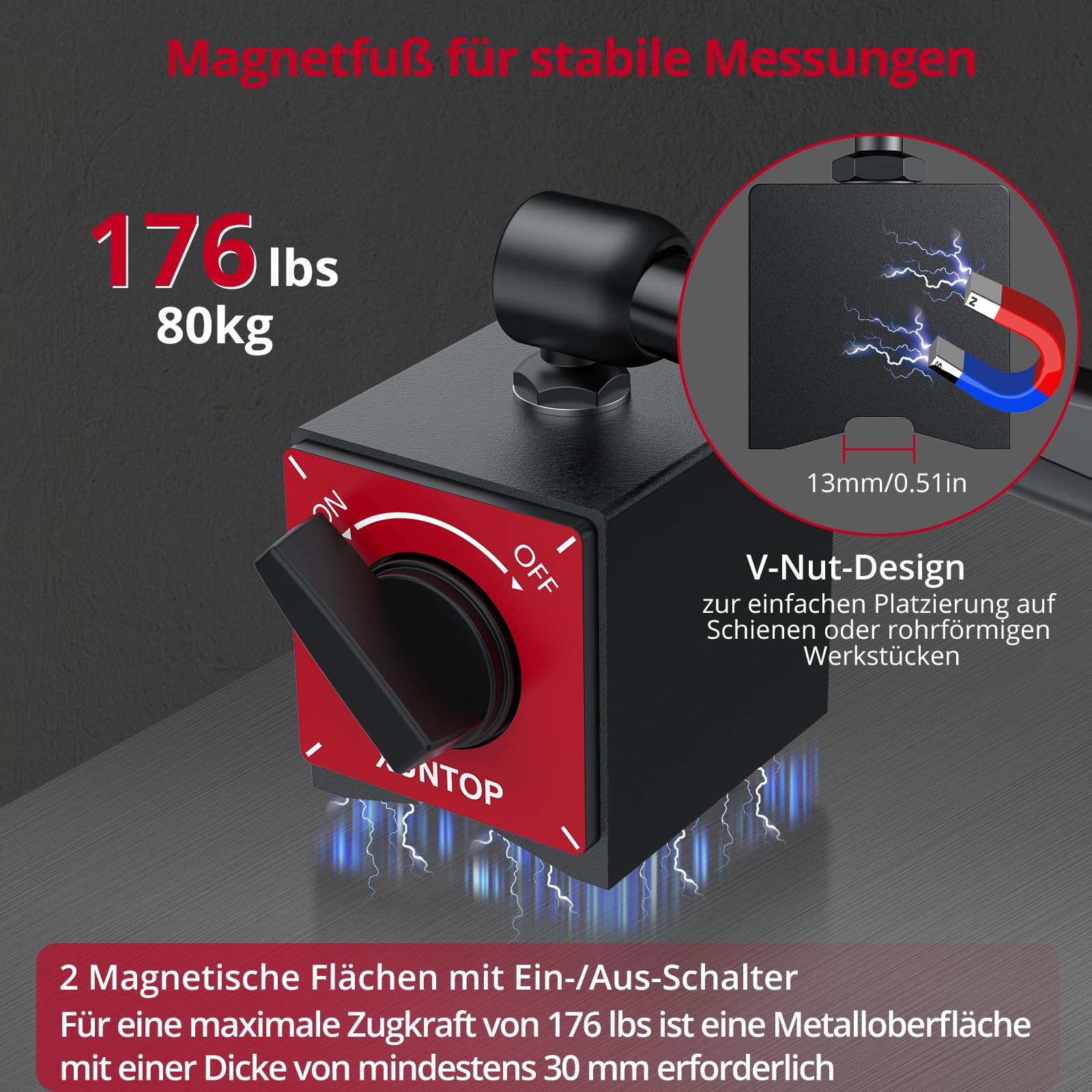 XUNTOP Digitale Messuhr Set 0–1 Zoll/25,4 mm mit Magnetfuß 176lbs (80 kg) Präzise digitale Messuhr Einheitenumrechnung Nullstellungsfunktion, LCD-Anzeige für Werkstatt & Maschinenjustierung