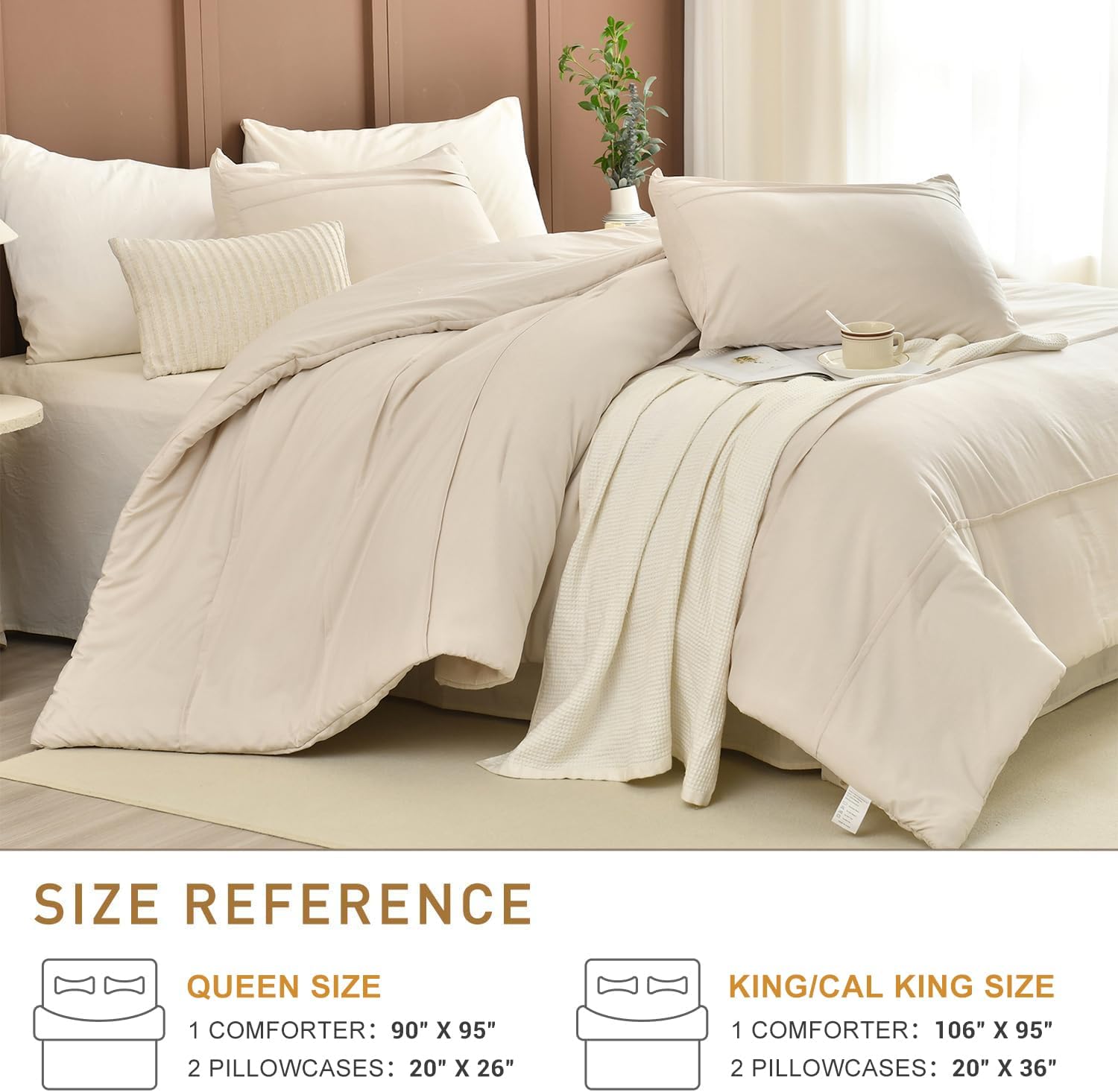 CozyTide Queen Comforter Set(90x95),Cotton Pinch Pleated Bedding Set,3 Pieces Soft Lightweight Farmhouse Bedding Comforter Set(1 Wheat Comforter and 2 Pillowcases)