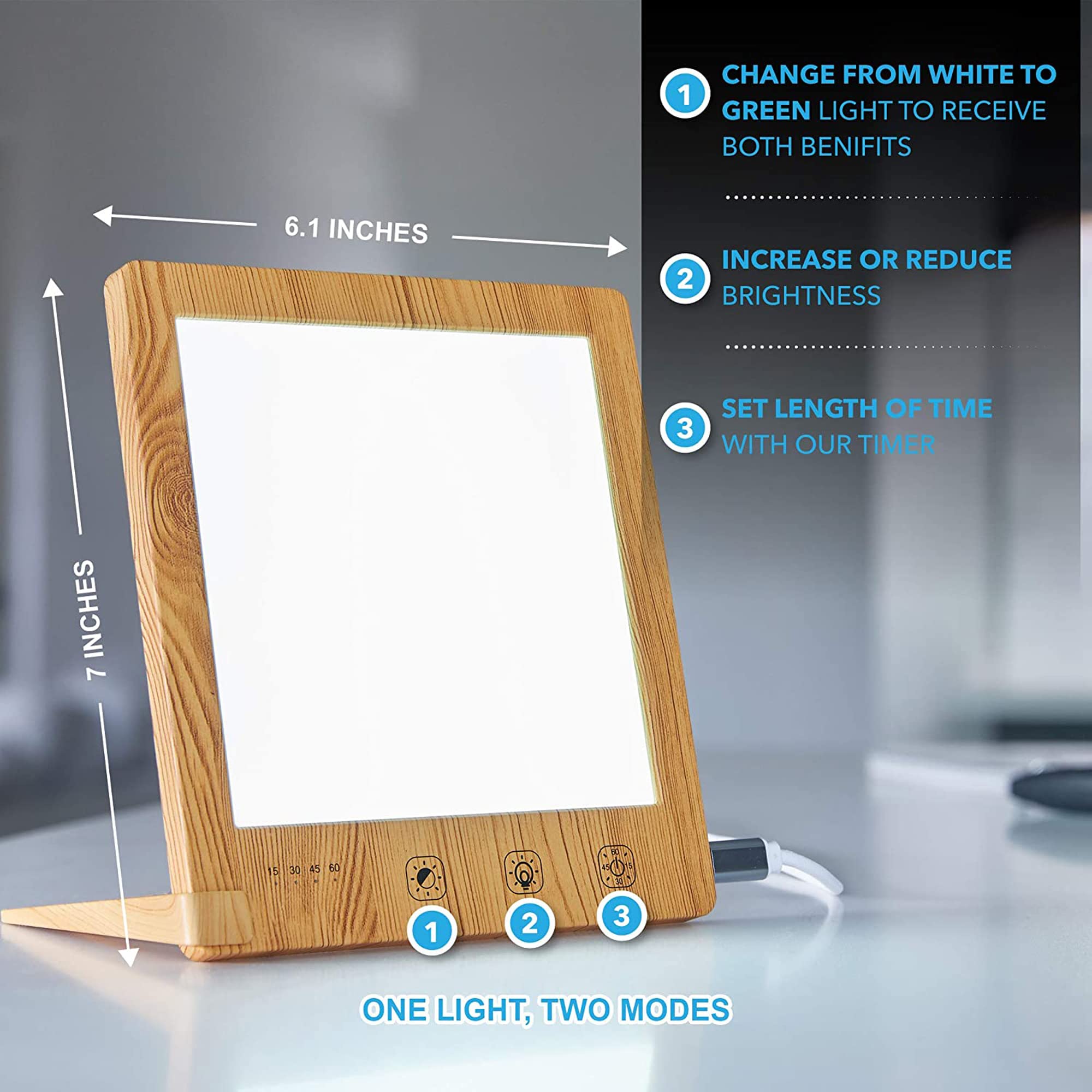 Multi Focus White and Green Light Therapy Lamp Sun Box- for MIGRAINE sufferers- 10000 Lux LED UV-Free with Touch Timer Function, Adjustable Brightness Control- Happy Mood Light (Wood Grain)
