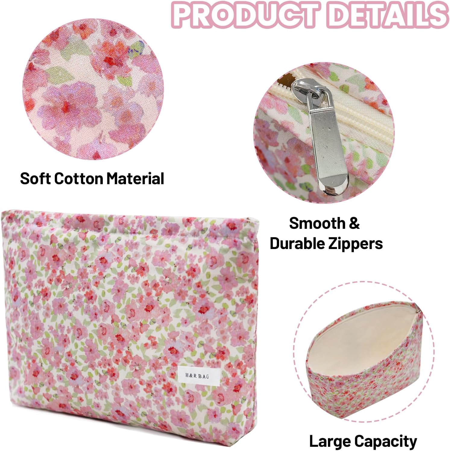 LJCZKA Aesthetic Floral Makeup Bag Cute Cotton Make up Pouch Large Flower Travel Toiletry Organizer Bag (Pink) - Image 4