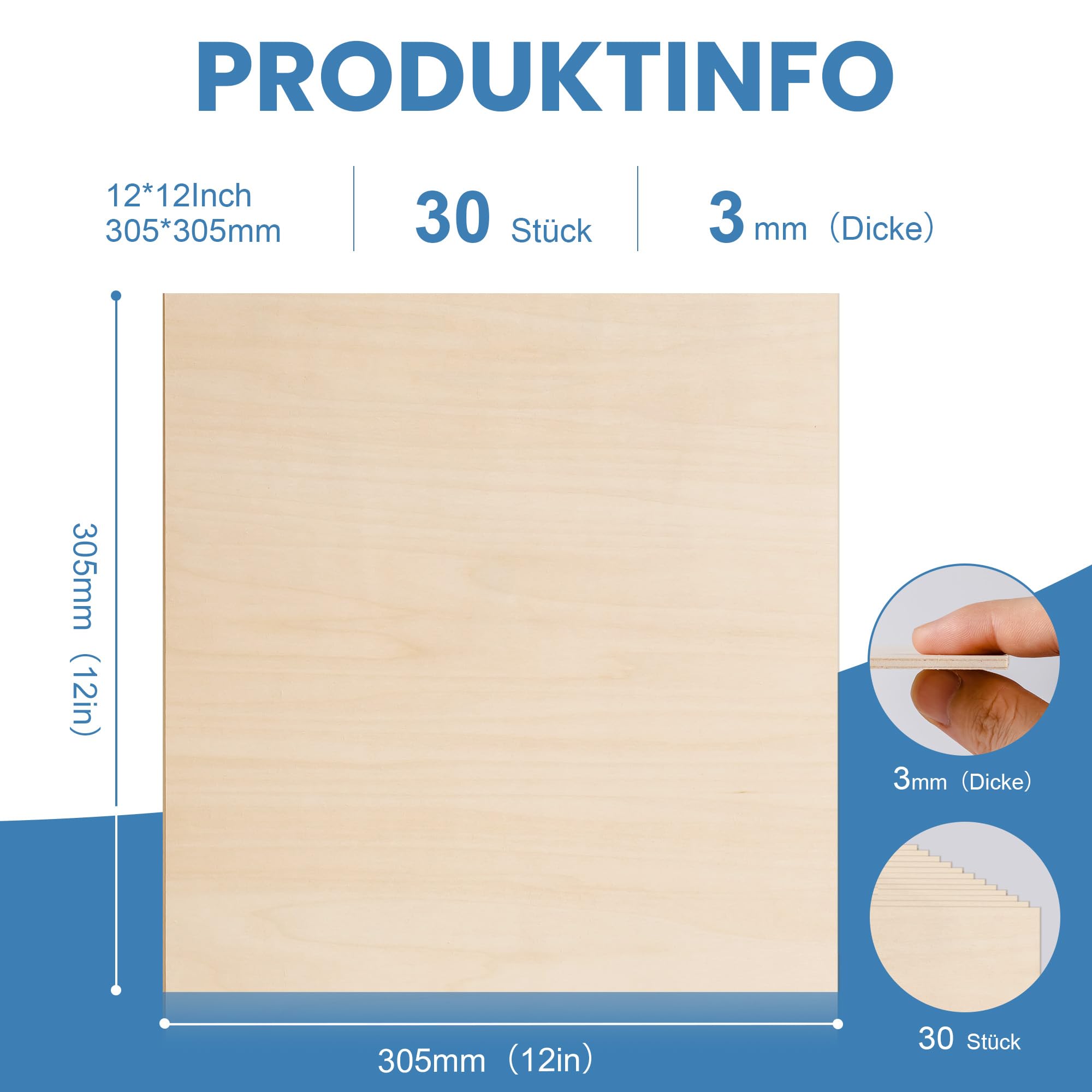 ROBOTIME Arkusze ze sklejki z drewna lipowego, 30 szt., 305 x 305 x 3 mm, niedokończona drewniana deska do rękodzieła, malowania, sztuki pirograficznej, dekoracji domu, samodzielnego wykonania i