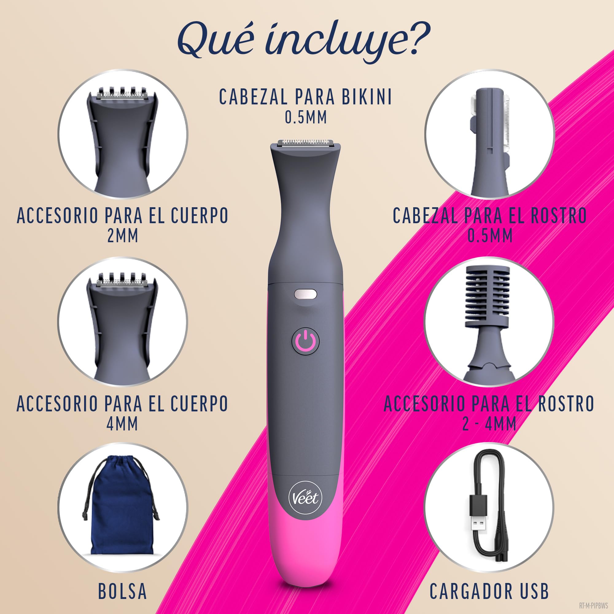 Veet Recortadora Todo en Uno, Bikini y Cuerpo Completo, Cara y Cejas, Rasuradora Mujer Zona Íntima Resistente al Agua, Con 2 Cabezales y 4 Peines para precisión, con Cargador USB