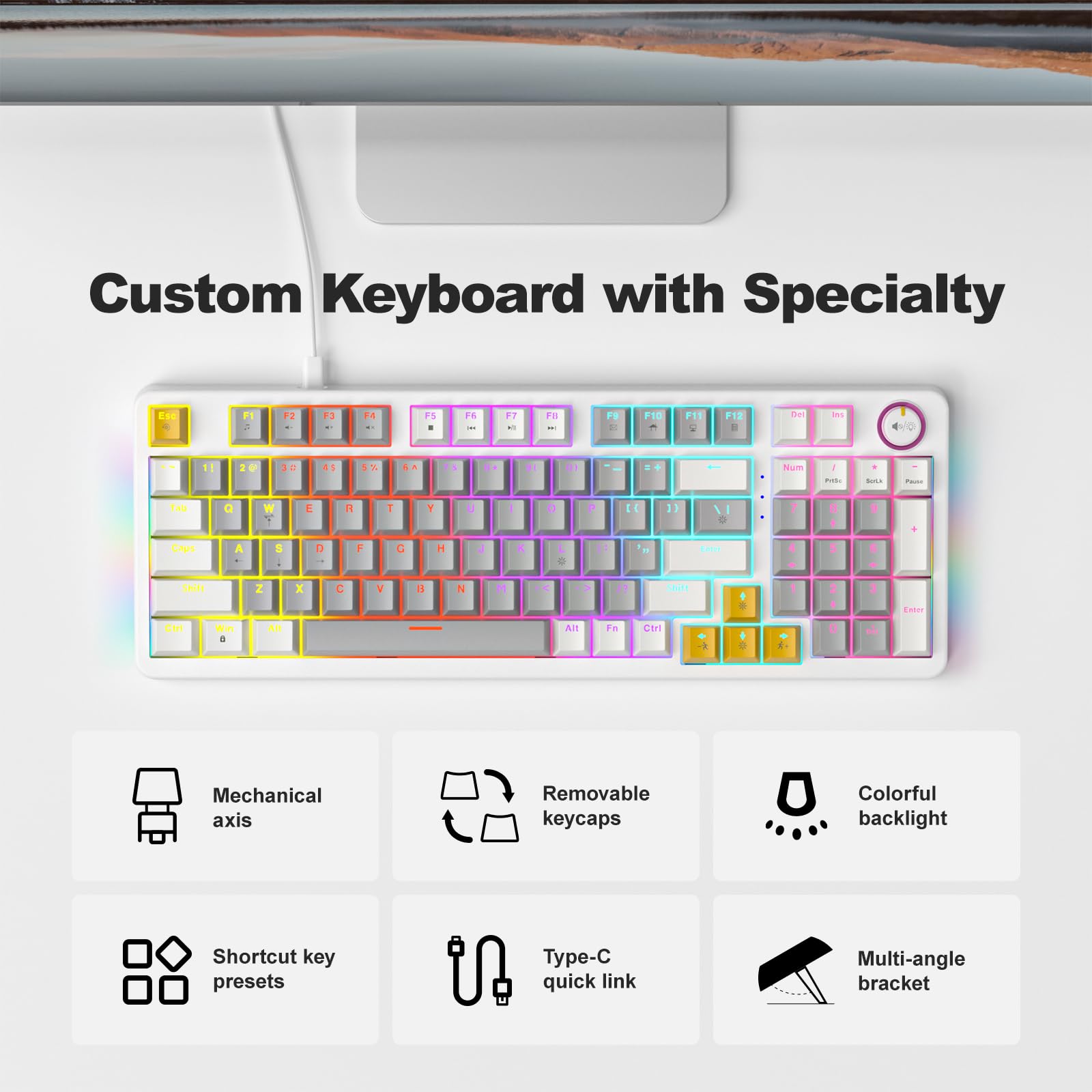AK96 klawiatura mechaniczna inteligentny wyświetlacz i pokrętło, mocowanie od góry 96% przewodowa klawiatura mechaniczna USB-C, hot swap, obsługa oprogramowania, kremowy dźwięk, 96 klawiszy
