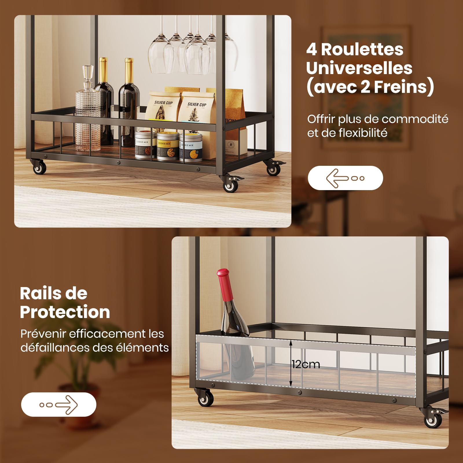 GIANTEX Carrello Bar con Ruote Bloccabili, 3 Livelli, Vassoio Rimovibile, Armadietto per Vino e Portabicchieri, 84x40x90 cm, Marrone