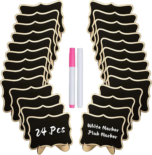 Uniclife 24 Pack Mini Chalkboard Signs for Food, Small Chalkboard Signs with Stands Chalk Markers & Replacement Stickers, Reusable Wooden Labels for Party Buffet Wedding, Blackboard Place Cards, Wavy