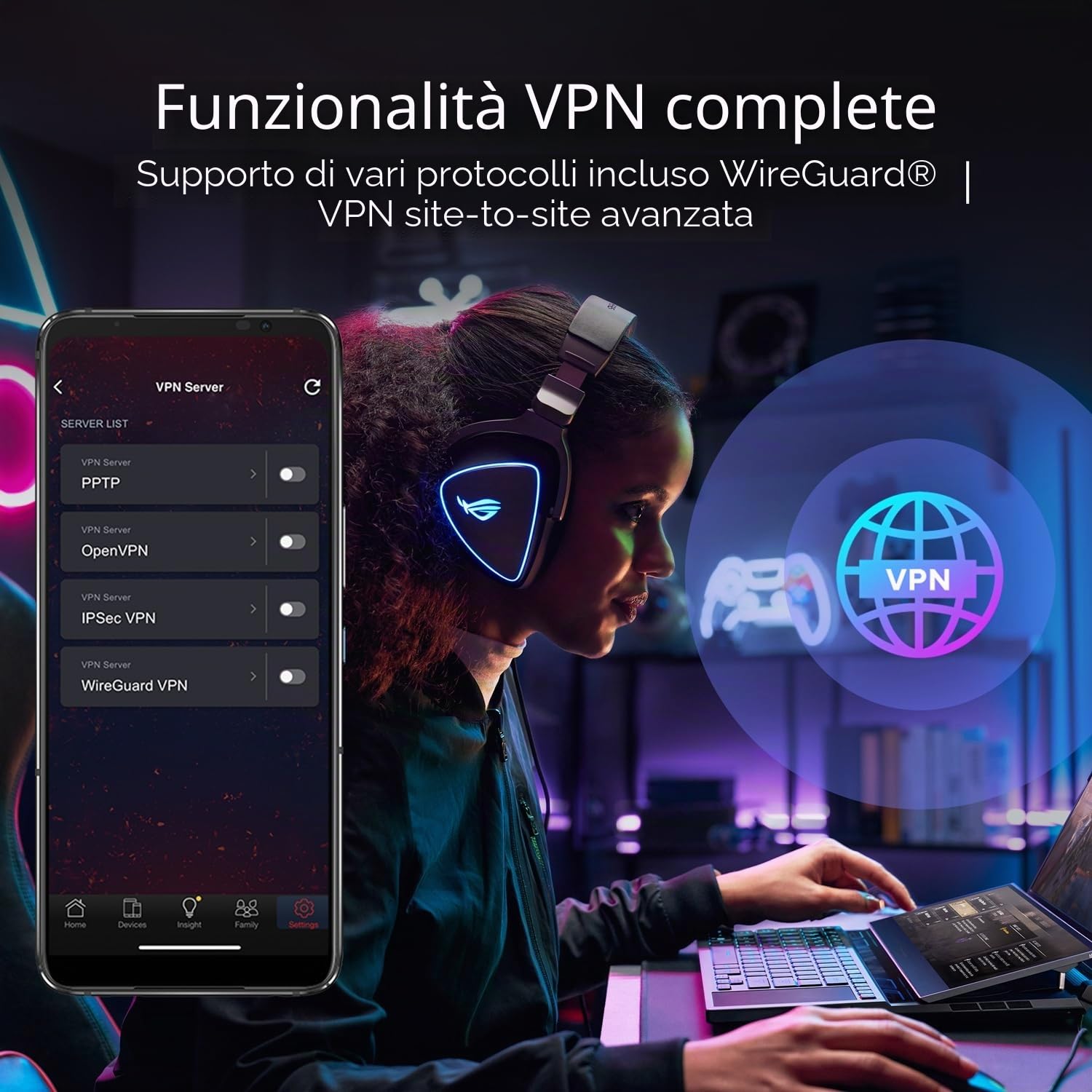 ASUS ROG Rapture GT-BE98 WiFi 7 Router, quad-band, banda 320 MHz, 4096-QAM, funzionamento multi-link, doppia porta 10G, WAN di backup, sicurezza di rete, compatibilità AiMesh