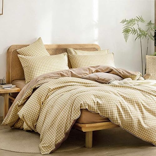 Juego de colcha tamaño king de ETDIFFE, color marrón, 3 piezas, juego de ropa de cama color beige con estampado Gingham de rejilla - colcha suave y
