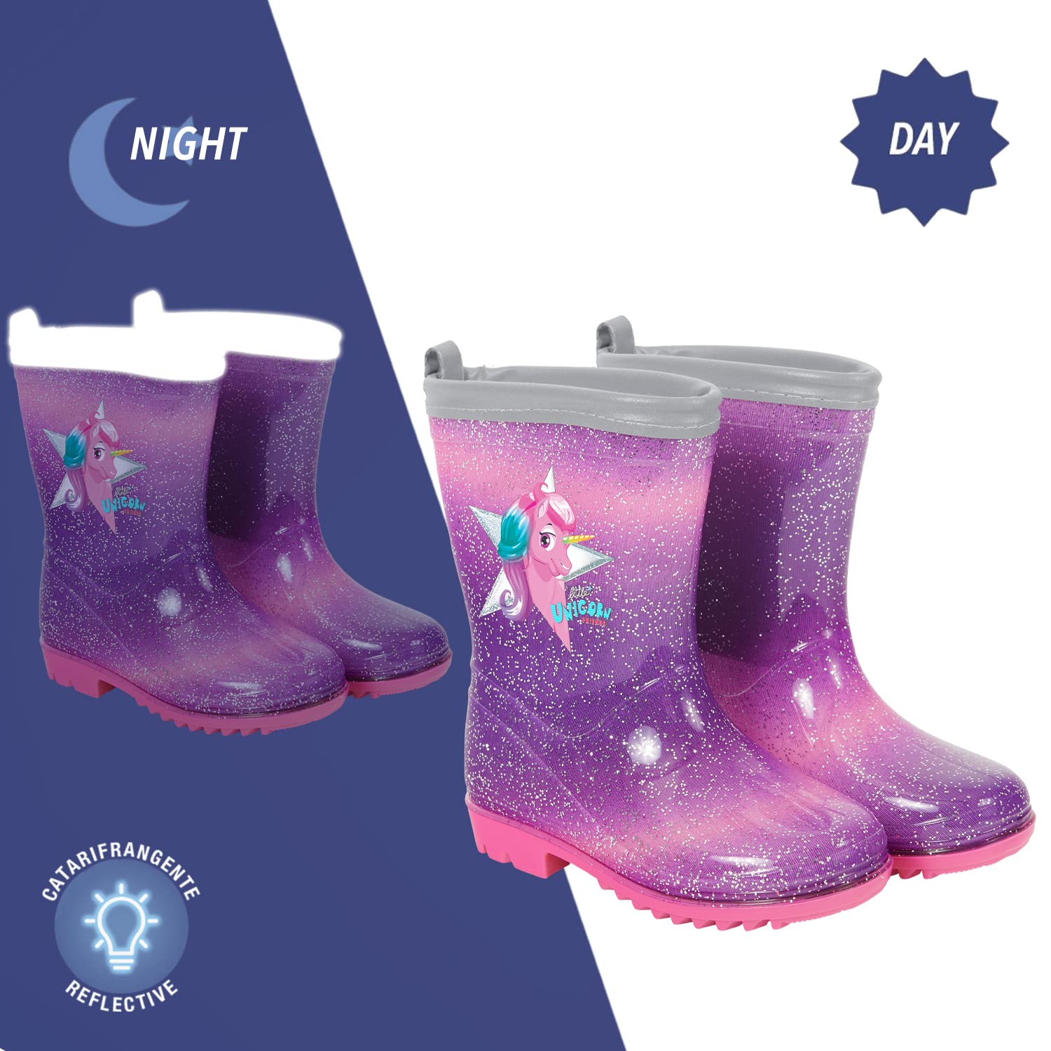 PERLETTI Botas de Agua Niñas con Unicornio - Calzado de Lluvia Niña Morado y Rosa - Botas Impermeables Infantes con Detalles Reflectantes Suela Antideslizante - Material PVC 5 Tallas