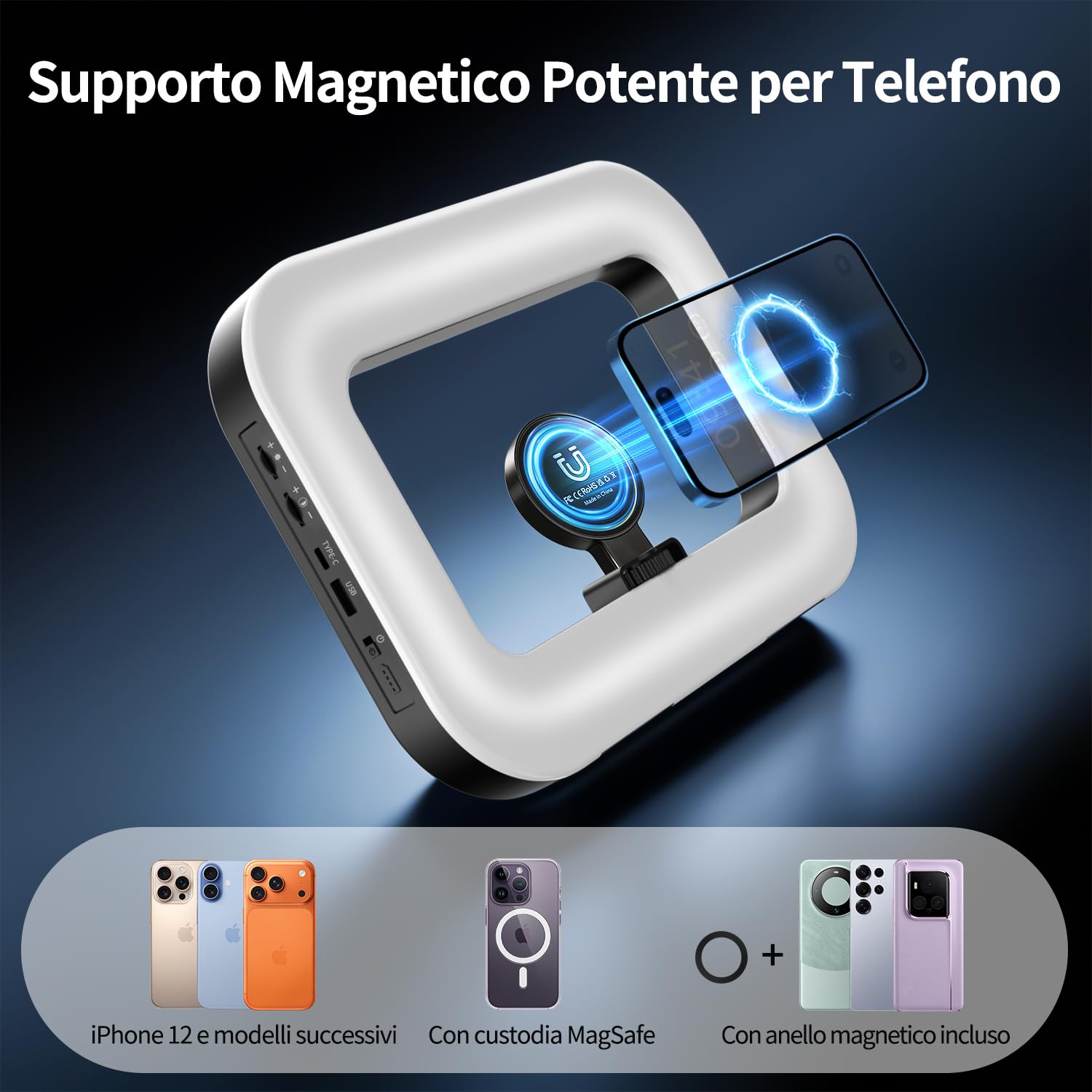 yAyusi Luce Cellulare per Video, Stabilizzatore per Telefono con Luce, Luce ad Anello LED per Selfie da 8000mAh con Supporto Telefono, Impianto Video per Smartphone/Action Cam/Vlog/TikTok (Mag)