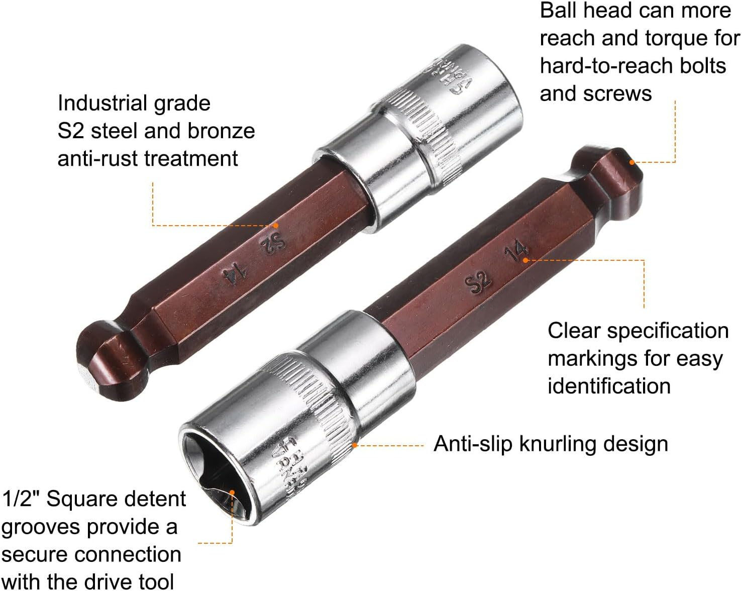 HARFINGTON 2pcs 14mm Ball End Hex Bit Socket 1/2" Square Drive Metric Extension Impact Bit Power Nut Driver Set S2 & CR-V Steel Socket Ratchet Wrench Bits