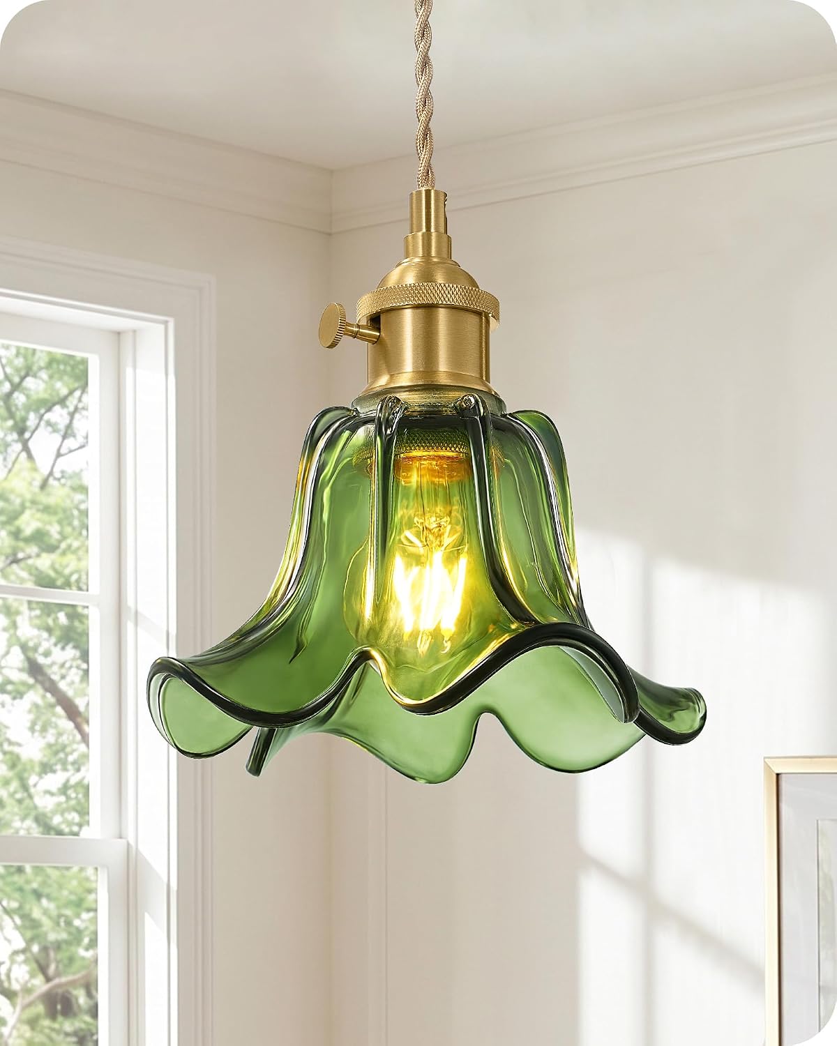 EDISHINE Lampada Sospensione Vetro Verde a Fiore E27