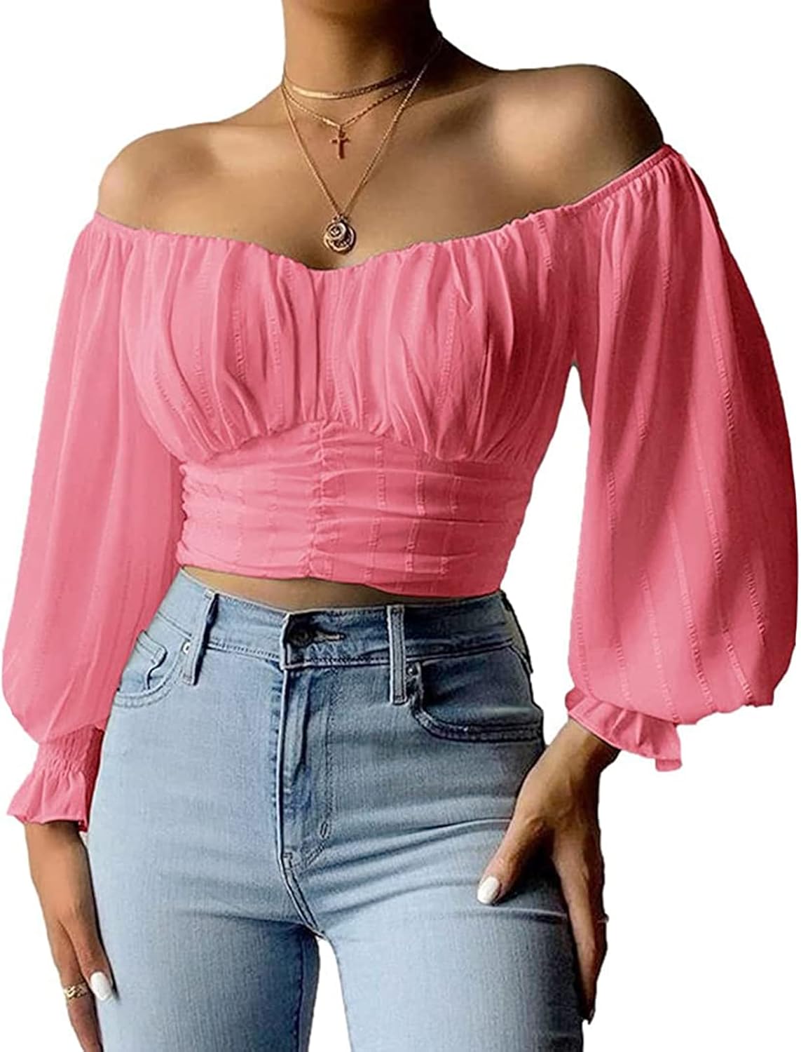 MIRACMODA Womens Elegant Off The Shoulder Puff Sleeve Blouse Summer Chiffon Slim Fit Party Crop Top