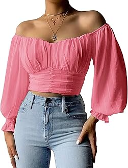 MIRACMODAWomens Elegant Off The Shoulder Puff Sleeve Blouse Summer Chiffon Slim Fit Party Crop Top