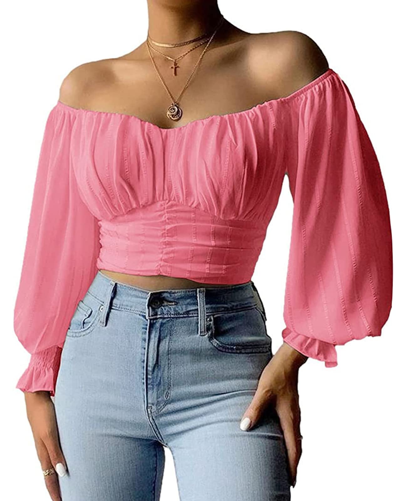 MIRACMODAWomens Elegant Off The Shoulder Puff Sleeve Blouse Summer Chiffon Slim Fit Party Crop Top