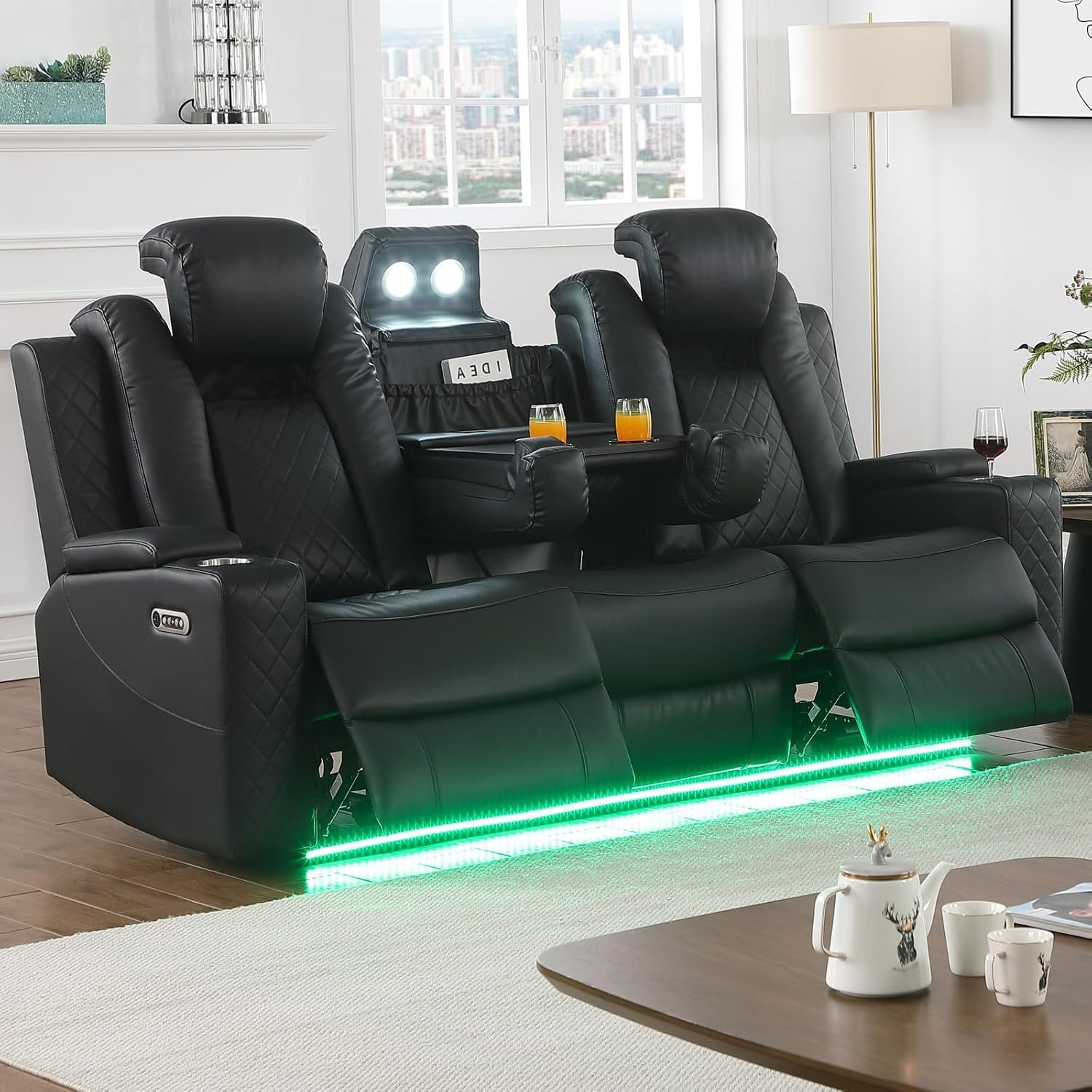 Power Recliner Sofa 3 Seat, Black Leather Reclining Loveseat with Console RV Furniture with Adjustable Headrest/Led Light/Storage/Reading Lamp/Cup Holder/USB&Wireless Charging