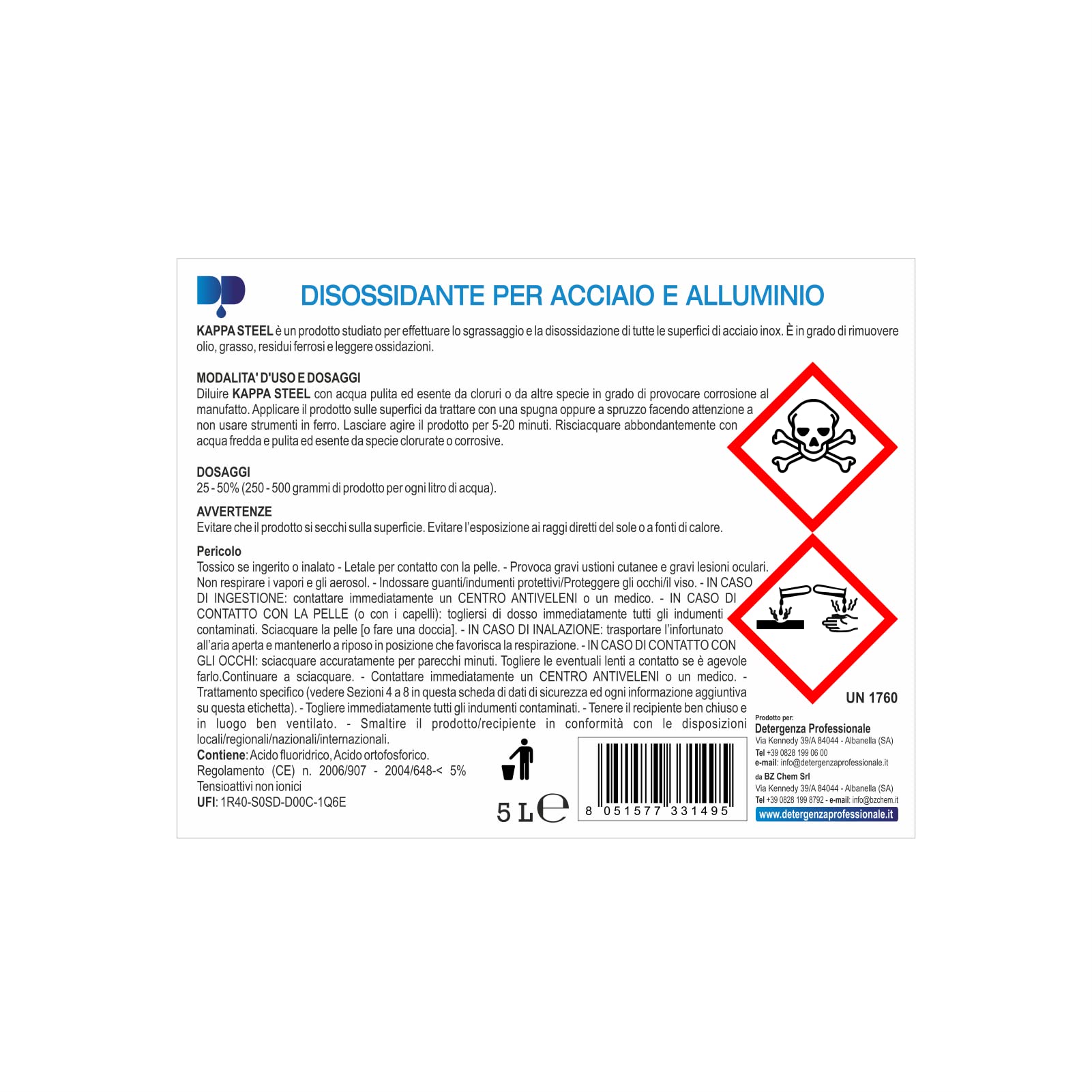 DISOSSIDANTE PER ACCIAIO E ALLUMINIO KAPPA STEEL CONCENTRATO - pz. 1 da 5 L