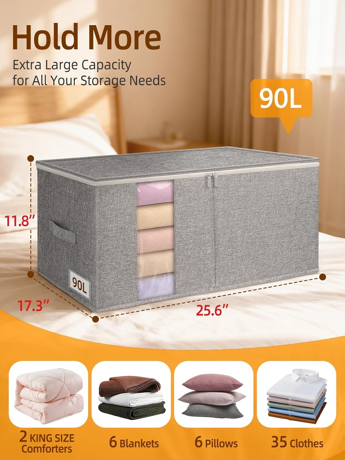 90l king size comforter storage bag w/rigid panels, large blanket organizer for closet, stackable & foldable container w/clear window & smooth zippers for bedding sets/clothes, 2 pack, gray 90l/gray