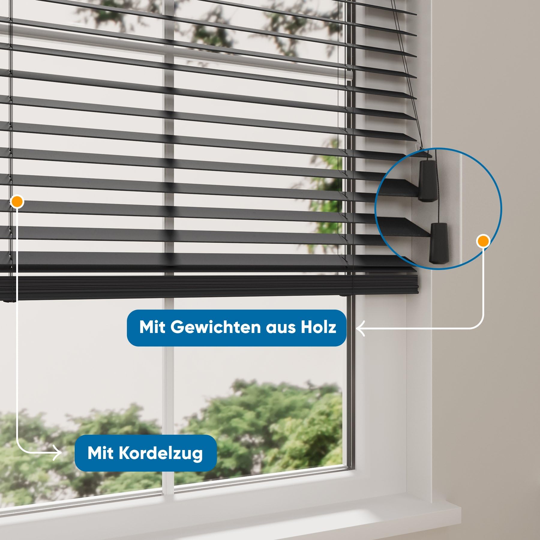 DTCH® Holzjalousie innen, schwarz, 100 x 130 cm | 50mm Lamellen, nachhaltiges Holz, Sicht- und Sonnenschutz, Lichtregulierung, Breiten bis 250 cm, kindersicher