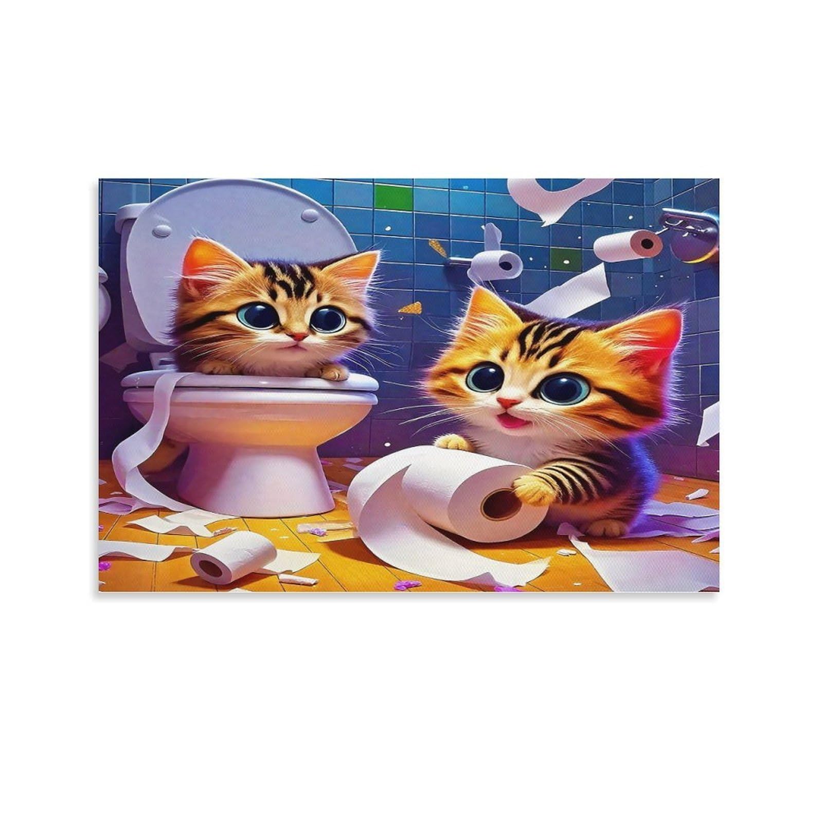 CPLVKWRQJ Sleeping Orange Tabby Cat Among Flowers 1 Piece Two Naughty Kittens Messy Bathroom Toilet Wall Artwork - Bedroom Canvas Painting Space Transformer Easy to Clean Decor 24x36inch(60x90cm)