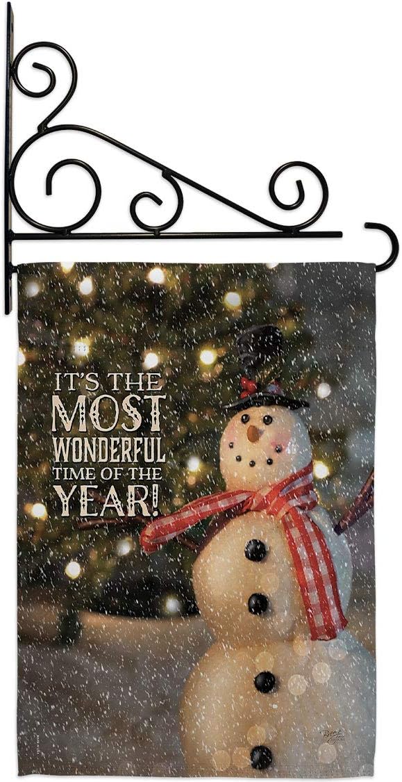 Most Wonderful Time Snowman Garden Flag Set Wall Holder Wintertime Winter Wonderland Snowflake Ice Skate Season Snow Small Decorative Gift Yard House Banner Made In USA 13 X 18.5