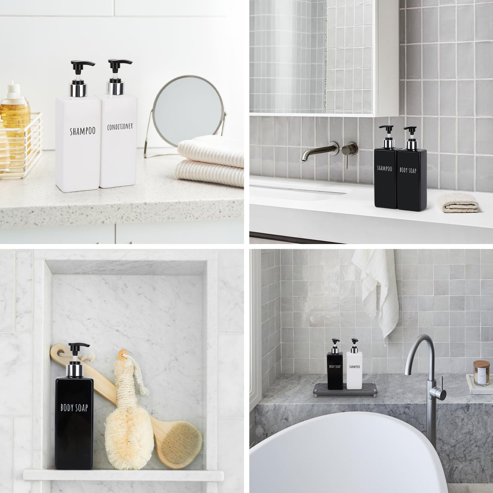 Segbeauty 6 dispenser di sapone da bagno, bottiglie riutilizzabili per shampoo e balsamo, 500 ml, dispenser di sapone liquido quadrato in plastica nera, dispenser per sapone liquido, dispenser per