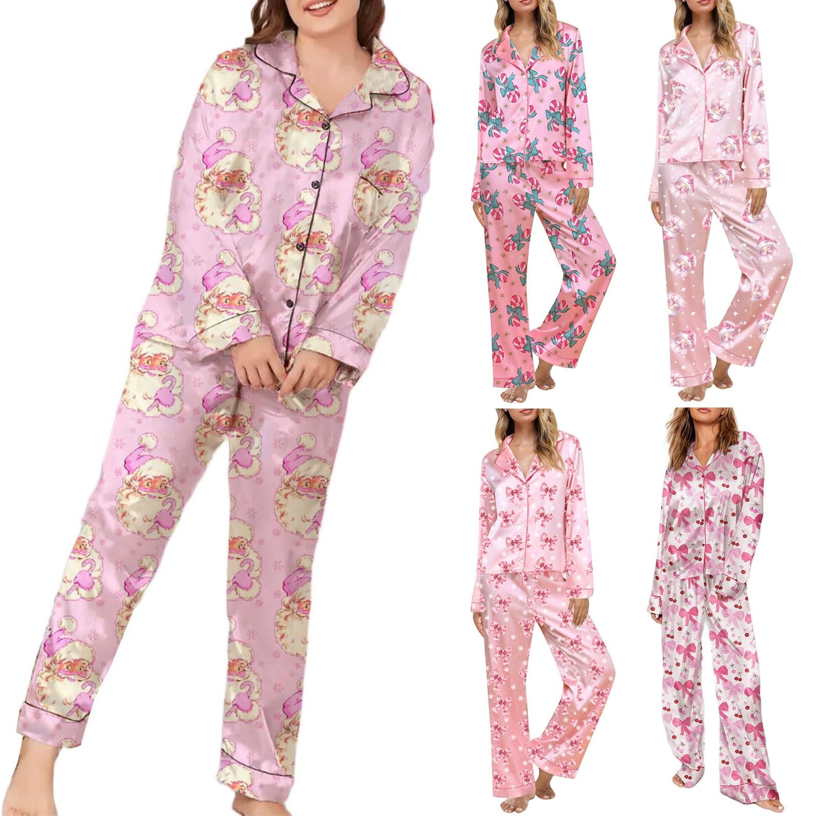 Pyjama de Noël pour femme - Pyjama 2 pièces avec chemisier et pantalon | Haut de nuit à manches longues à revers et pantalon de pyjama long pyjama à motif de Noël avec boutonnière