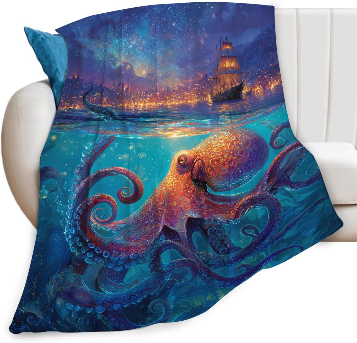 Octopus Blanket Gifts for Women, Ocean Nautical Fleece Blanket Gifts for Boys Girls, Warm Cozy Soft Flannel Throw Stuff for Bed Sofa Couch 50" x 40" - Image 2