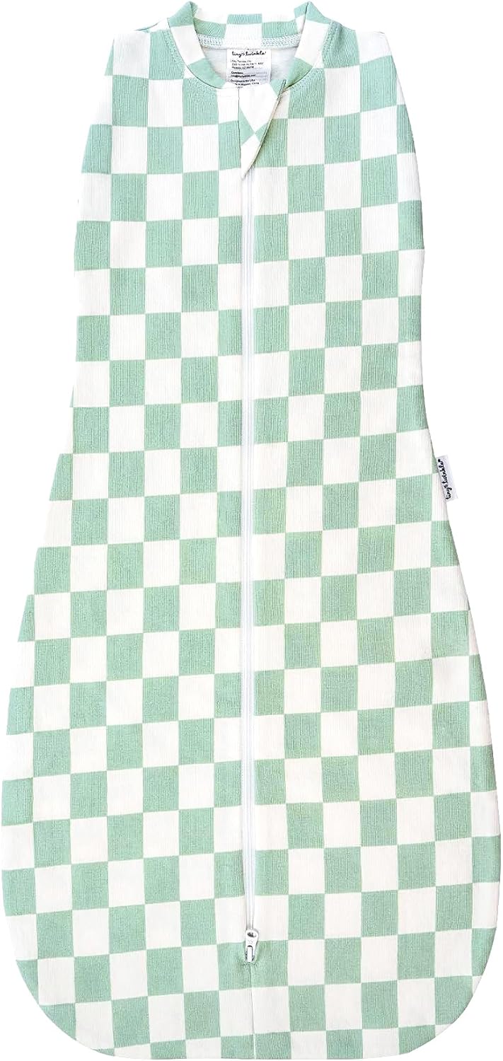 Tiny Twinkle Baby Sleep Sack 0-3 Months 1.0 TOG, Cotton & Elastane Wearable Blanket, Swaddle Transition Micro-Fleece, Machine Washable (Sage Checkers)