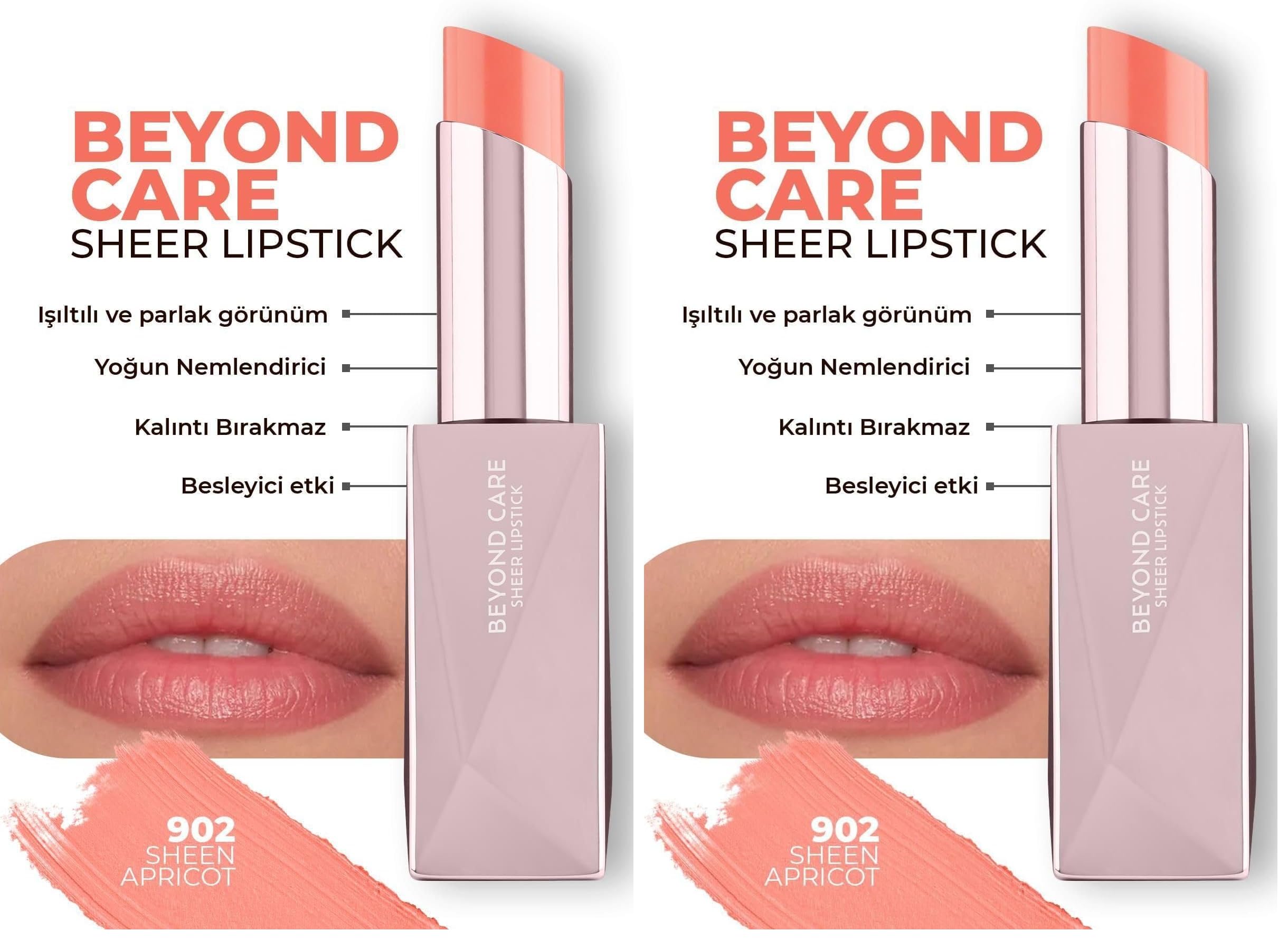 ALIX AVIEN Beyond Care Sheer Lipstick 902 - Sheen Apricot - Yoğun Nemledirici Besleyici Etki - Parlak Ruj (2 paketi)