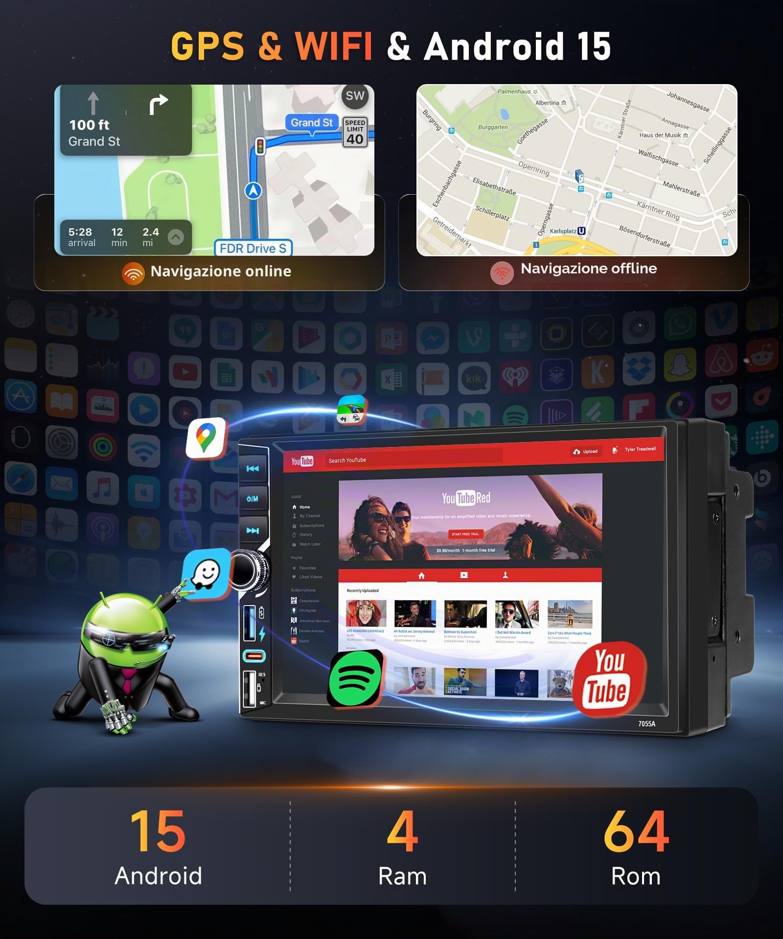 【8 Core 4+64G】2025 Hodozzy Stereo Auto Android 2 Din con Carplay Wireless con 2 USB USB-C, Schermo QLED da 7 Pollici, Autoradio Bluetooth con Android Auto/DSP/WiFi/RDS/FM + Telecamera Posteriore