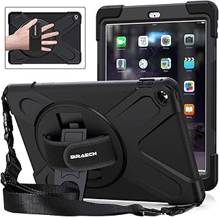 Apple iPad Air 2(2nd Generation) Case 9.7 inch 2014 for Kids,Case for iPad A1566/A1567,Shockproof Protective iPad Air 2 Covers and Case with Rotating Stand+Hand Strap,Pencil Holder,Black