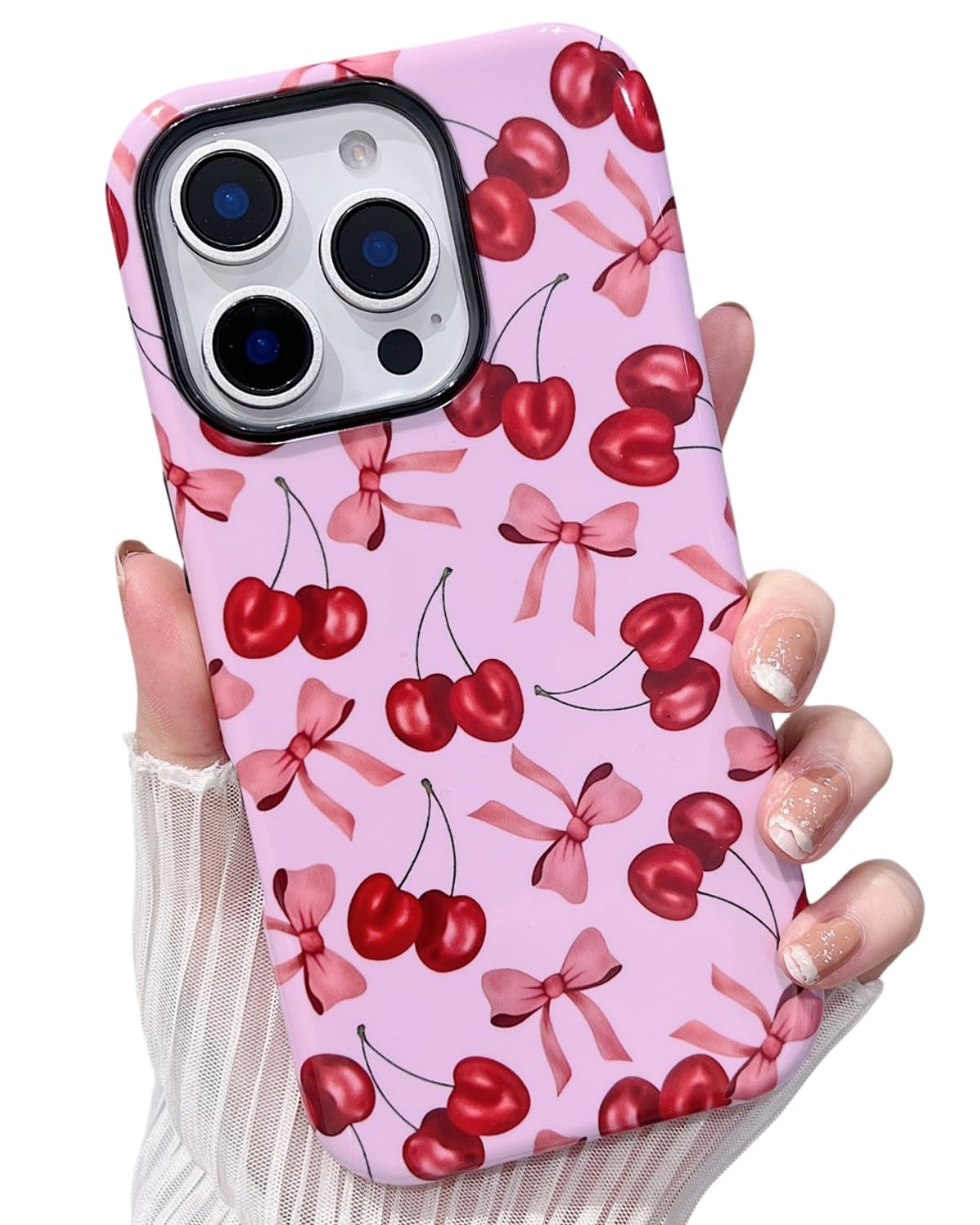 MINSCOSE Cherry Print Phone Case for iPhone 14 Pro Max Case Luxury Girly Cute Bow Trendy Pattern Slim