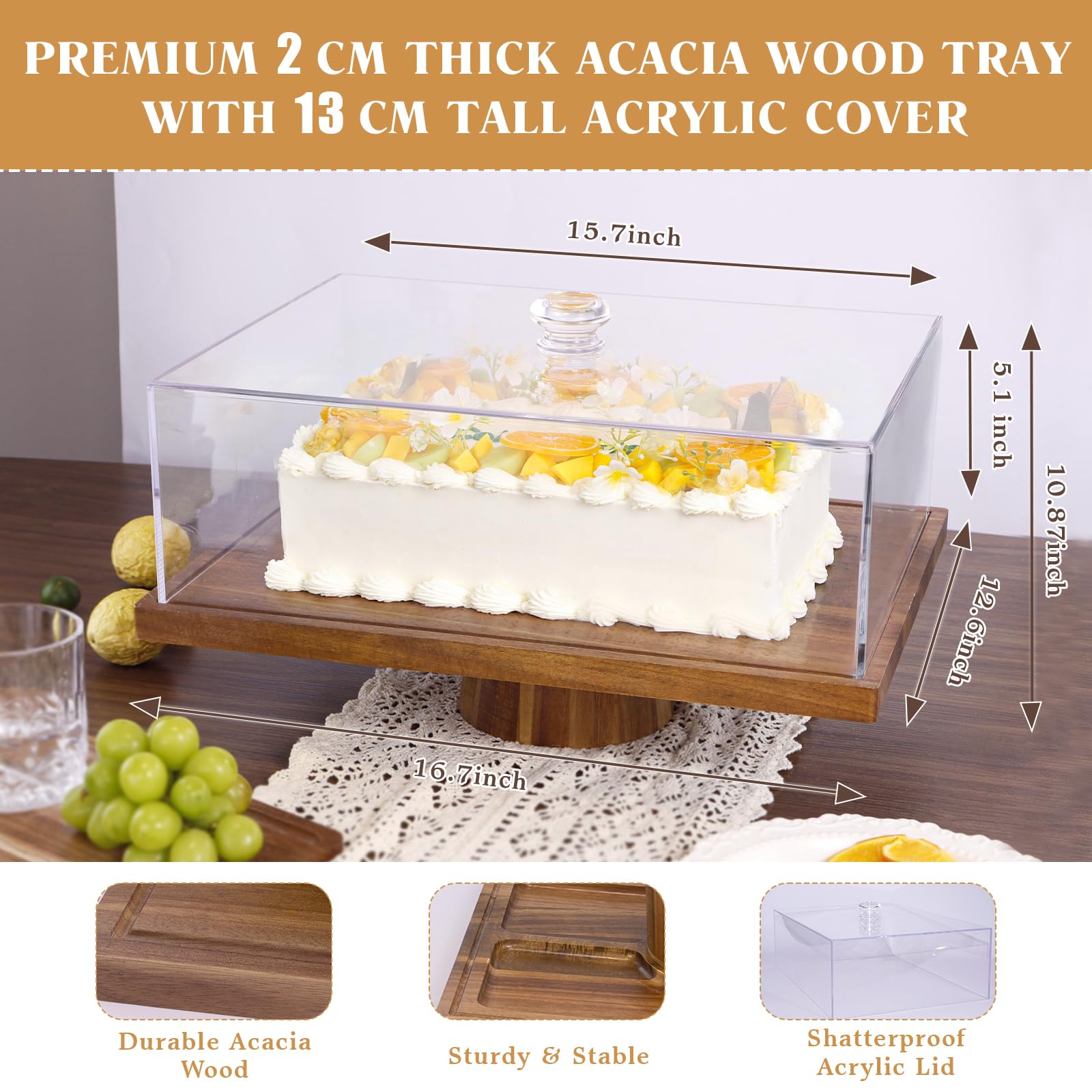 Soporte para tartas de madera de acacia con tapa, bandeja multifuncional para tartas con pie, tabla de servir y pantalla de postre, cubierta de cúpula de acrílico irrompible, placa de carcutería para