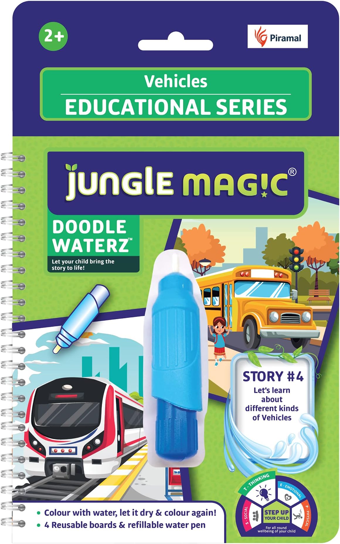Plastic Doodle Waterz - Reusable I Water Colouring Book - Vehicles I Self-Drying with Easy to Hold Water Pen I Educational Toy for Kids, Multicolor