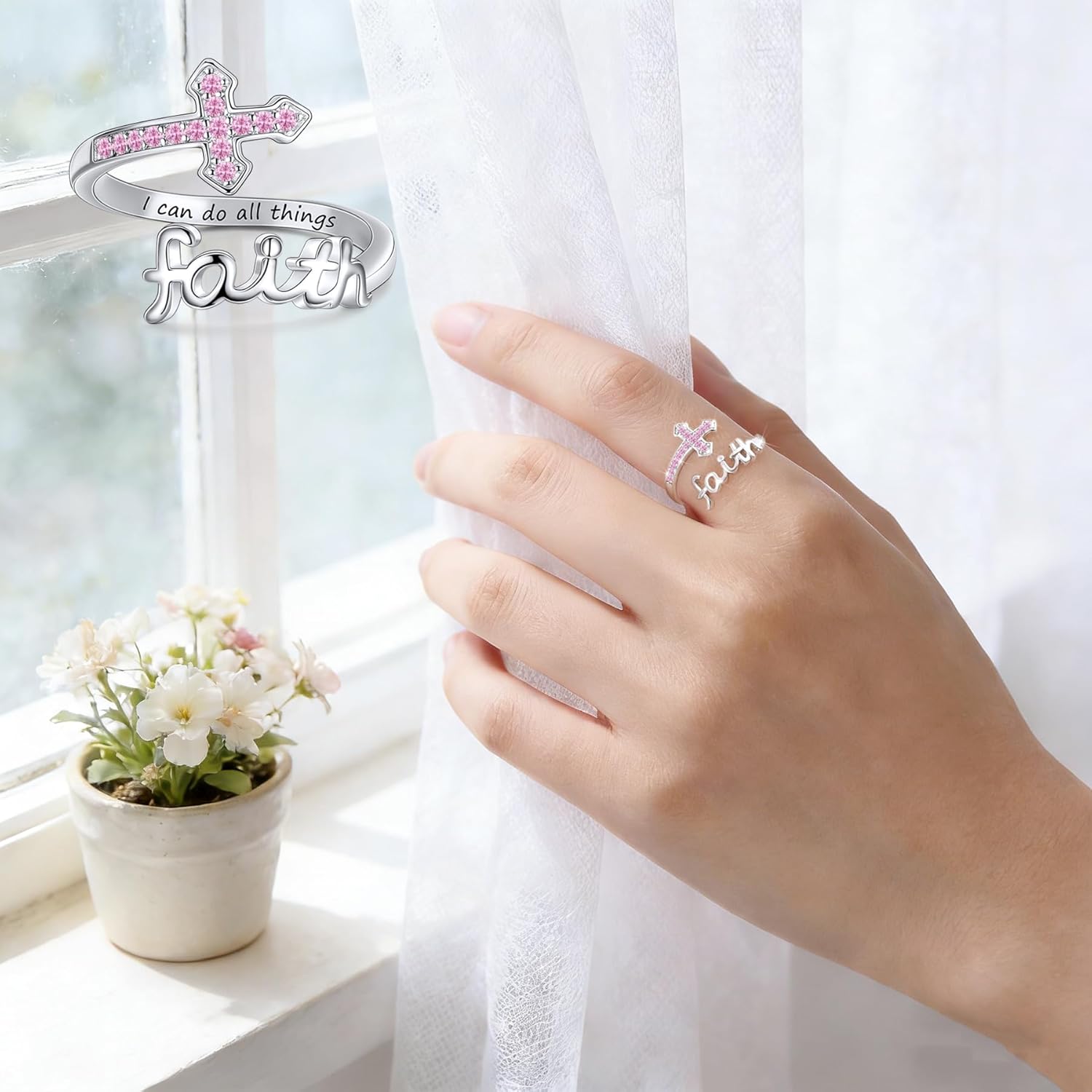 LYTTMAB Birthstone Faith Ring For Women, Sterling S925 Silver Cross Ring For Women, Christian Ring Jesus Ring Religious Christian Gift