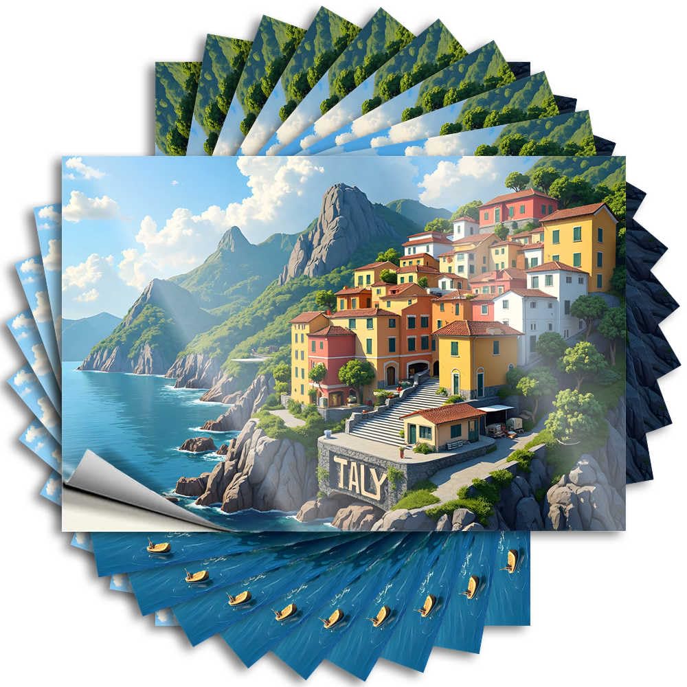 Colorful Coastal Village Nestled Amongst Lush Green Hills and Blu Stickers Man Cave Decor | Western Bathroom Wall Removable Decal Pack(12X18CM)
