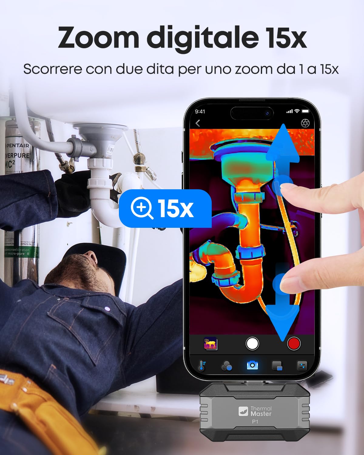 Thermal Master Telecamera termica P1 per iPhone 15/16 e Android a infrarossi con risoluzione Super IR 320 x 240, termocamere ± 2 ℃ precisione controllo casa 15x zoom, Grigio