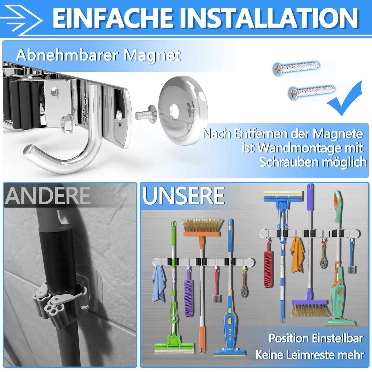 Besenhalterung Wand & Tür - 4 Regale + 4 Haken Ohne Bohren