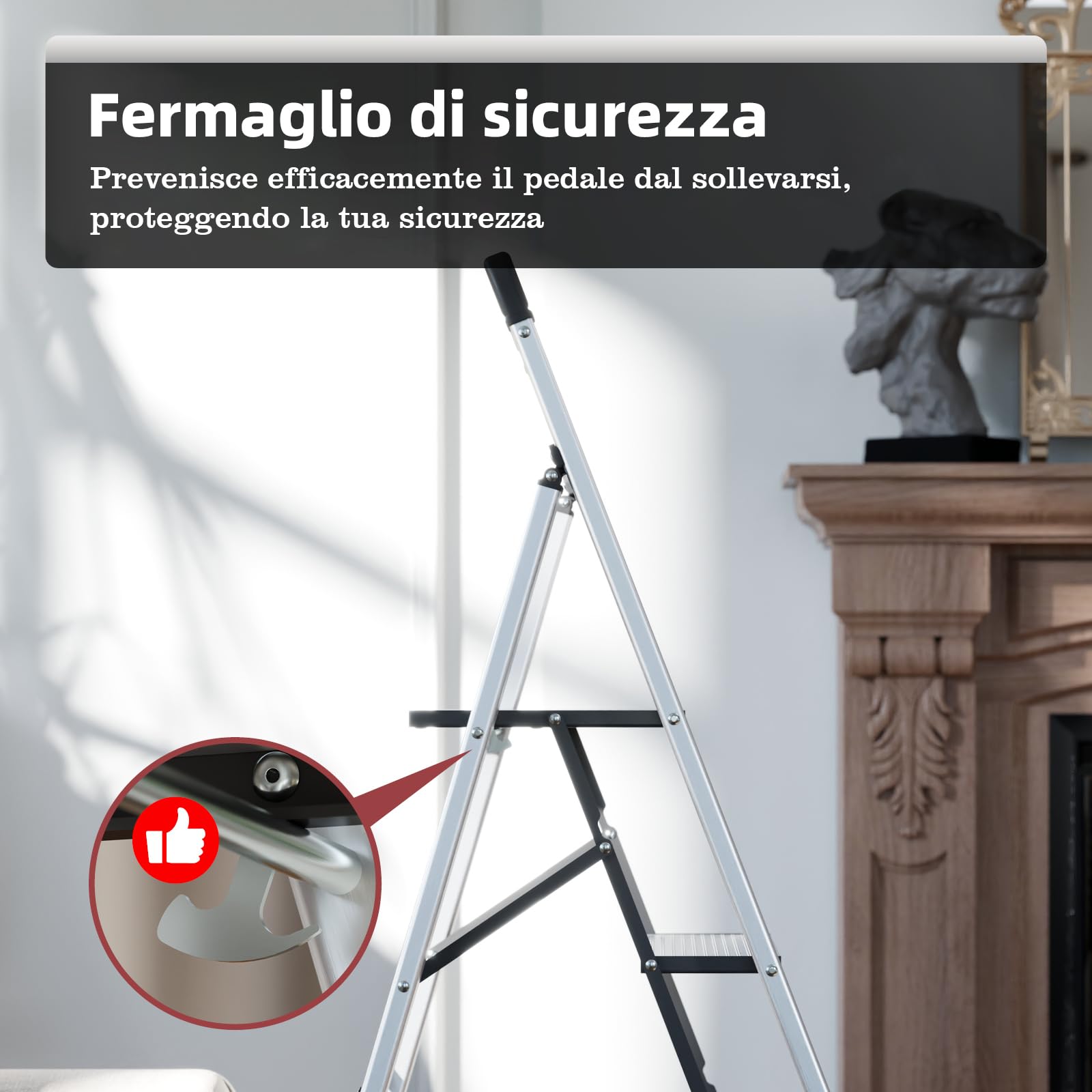 KINGRACK Scaletta 5 Gradini Pieghevole in Alluminio Leggera con Corrimano, Blocco di Sicurezza, Pedali Antiscivolo, Scala per Cucina Garage Casa, Salvaspazio Robusta e Portatile Massima 150kg, Argento