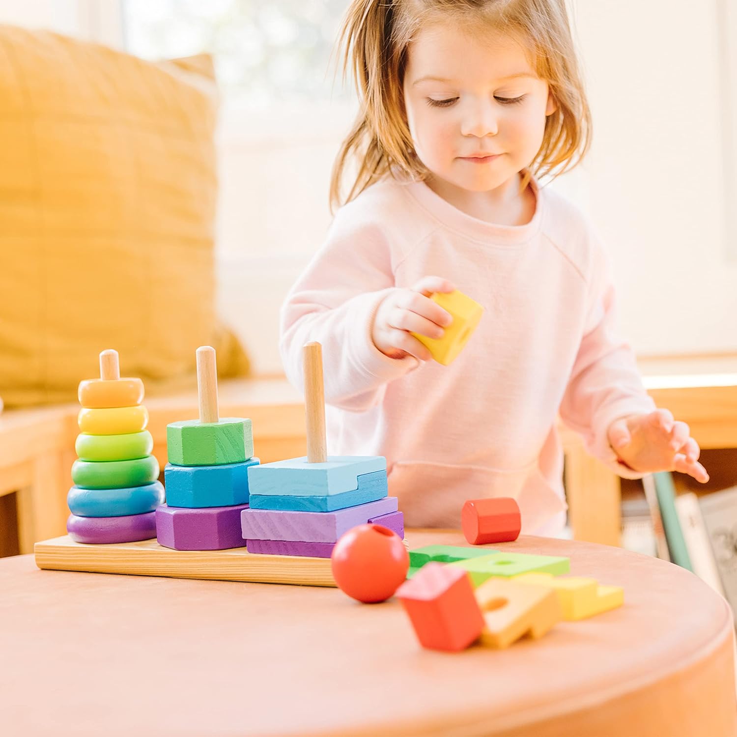 Melissa & Doug Geometric Stacker - Wooden Educational Toy & Deluxe Pounding Bench Wooden Toy with Mallet