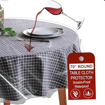 LAMINET Clear Plastic Tablecloth Protector Cover Heavy-Duty Deluxe Vinyl Table Cover 70" Round Crystal Clear, Easy Clean.